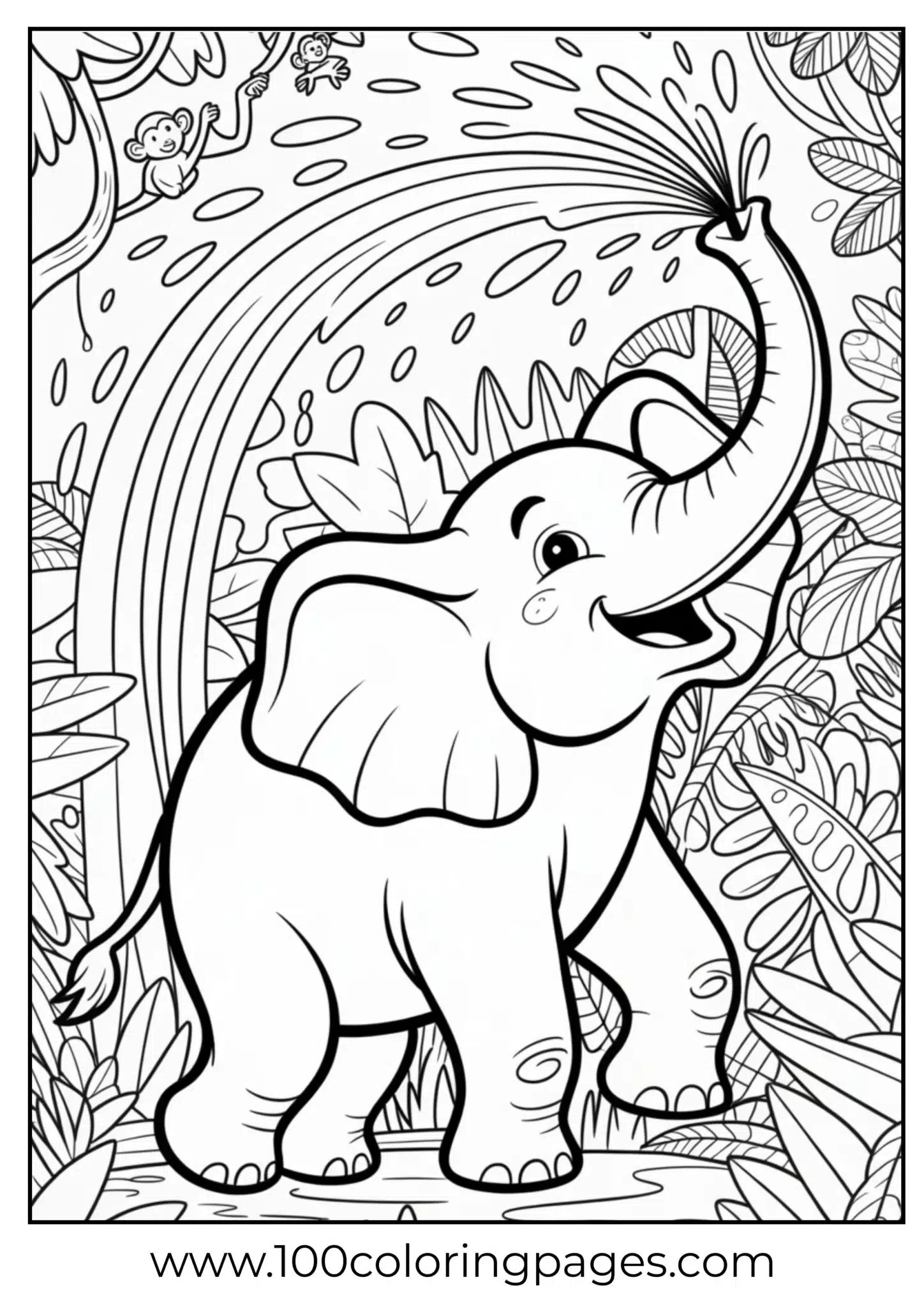 elephant spraying water with arc into jungle