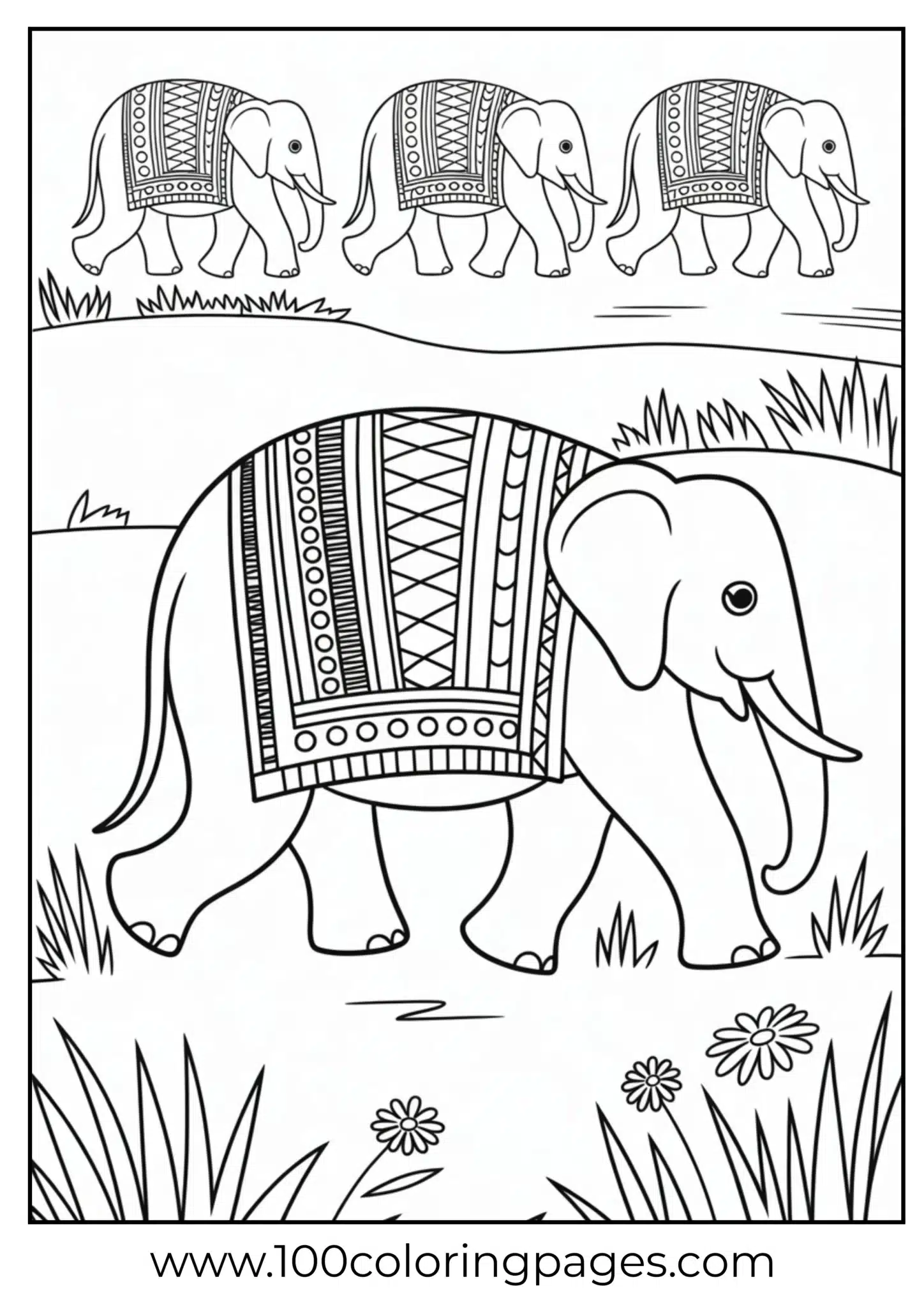 group of elephants in ceremonial line