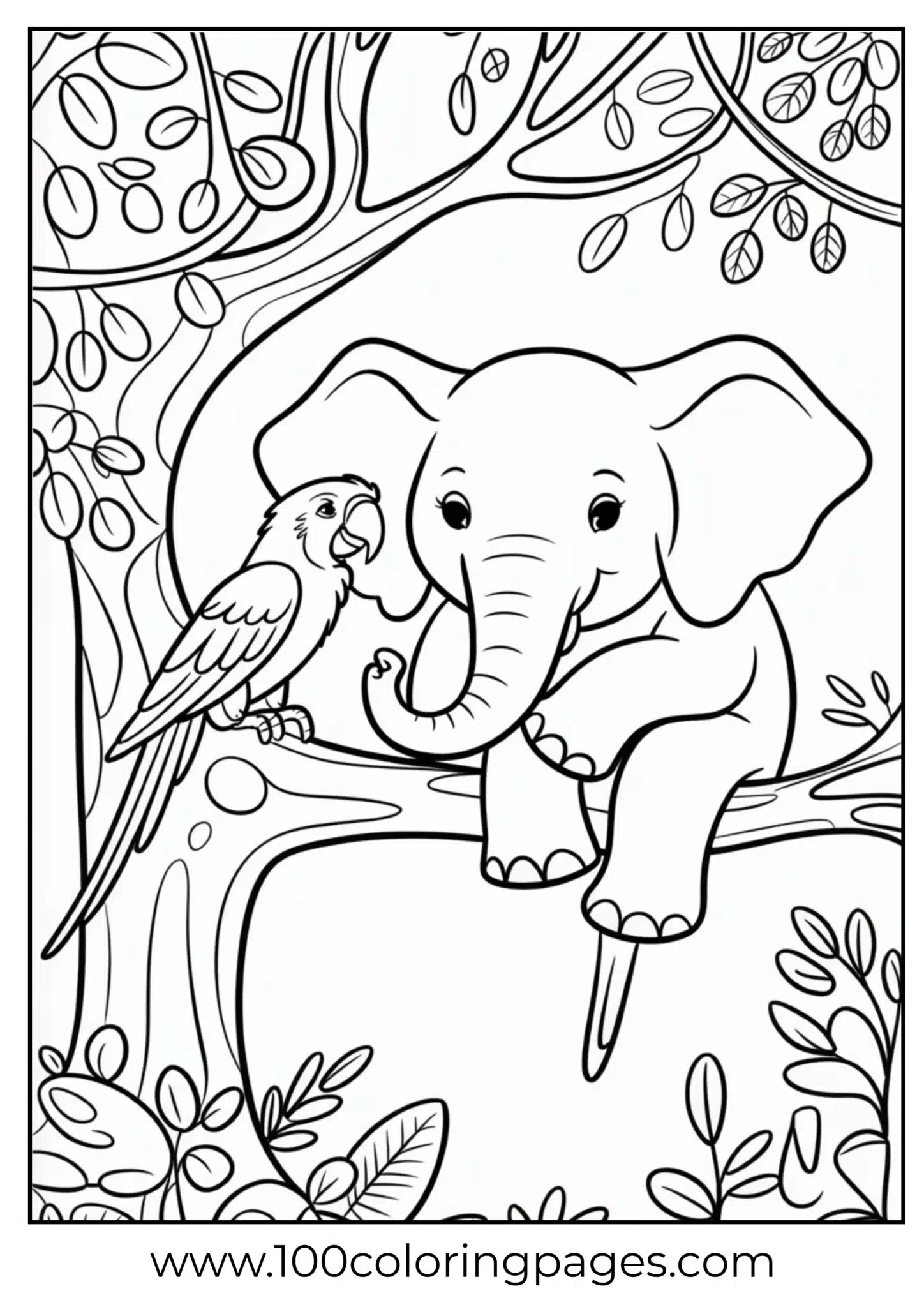 elephant and parrot talking in tree