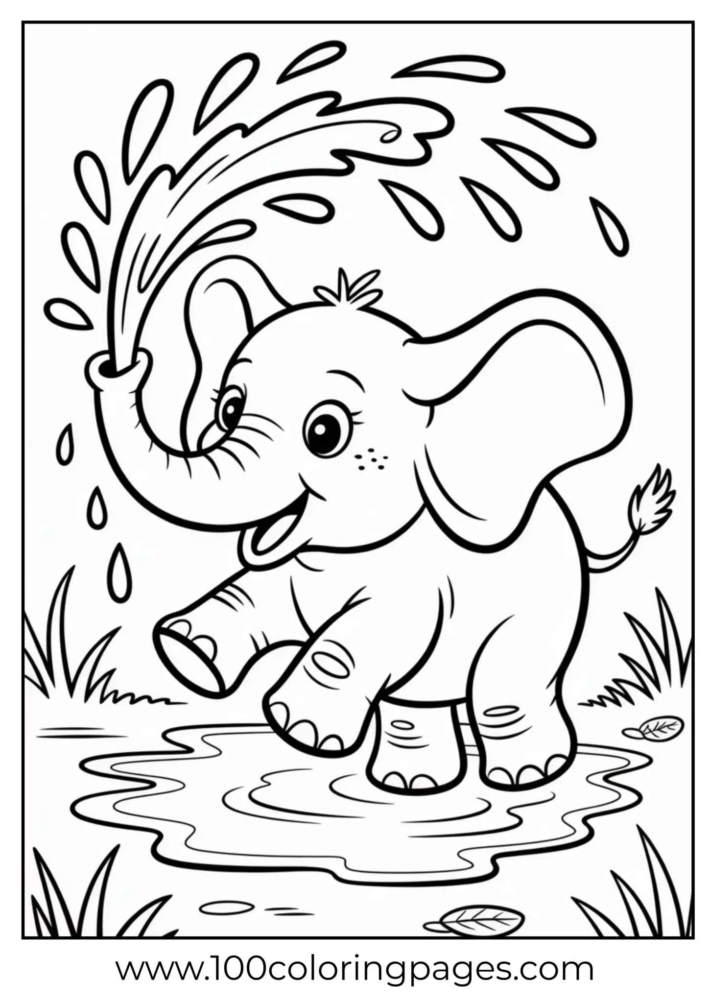 elephant mid-splash kicking puddle with trunk