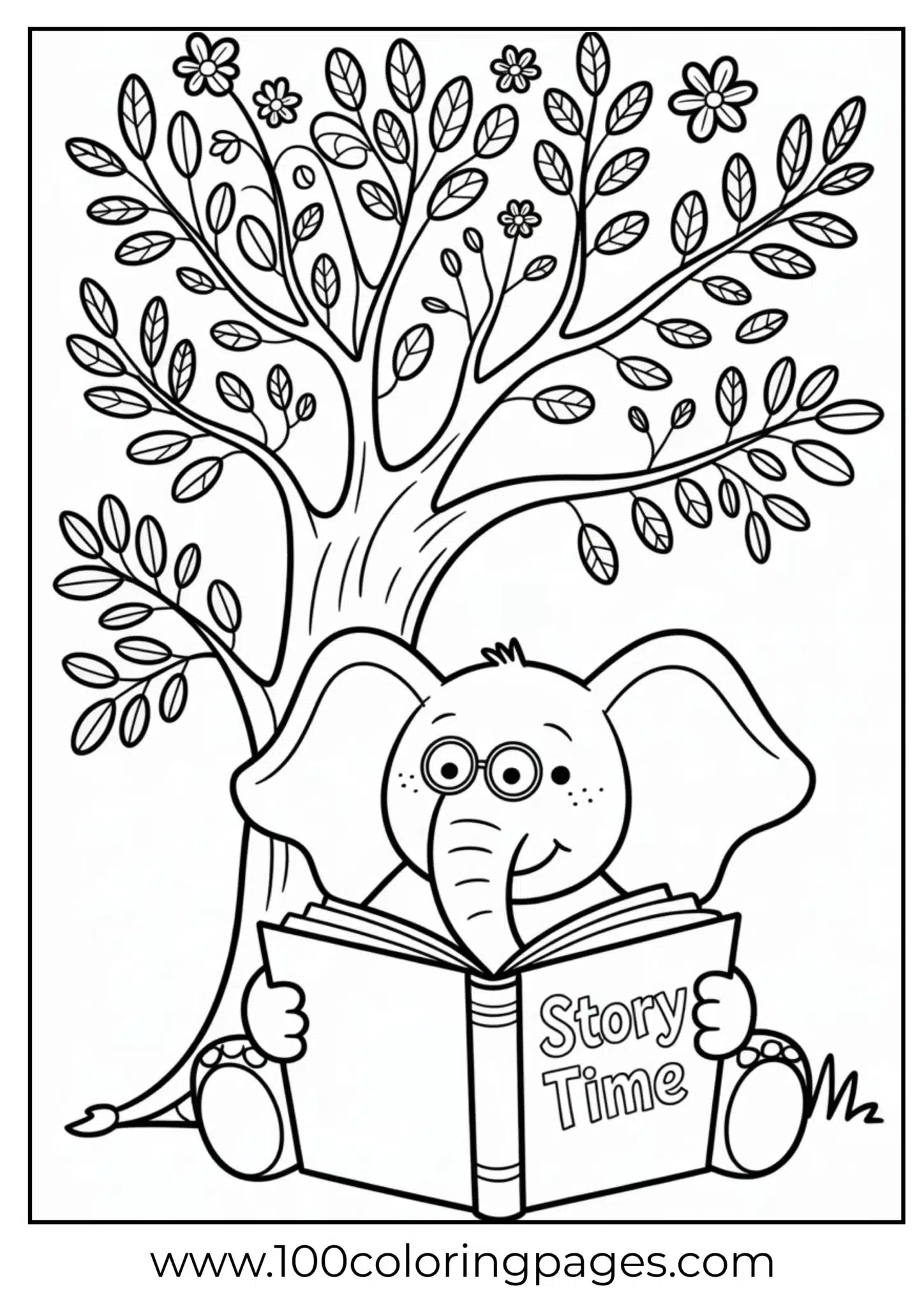 elephant reading with glasses under leafy tree