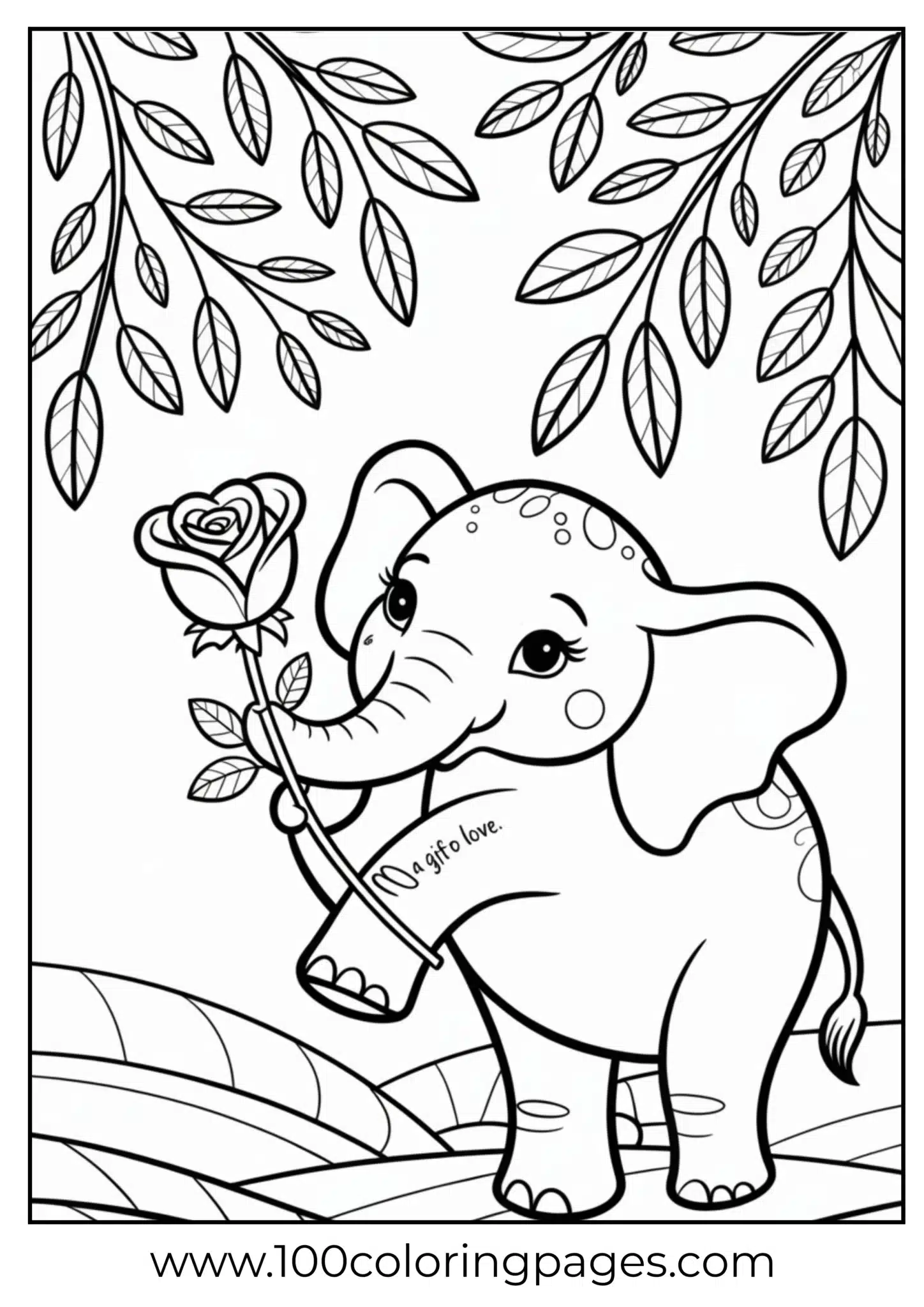 elephant holding rose with hearts around trunk