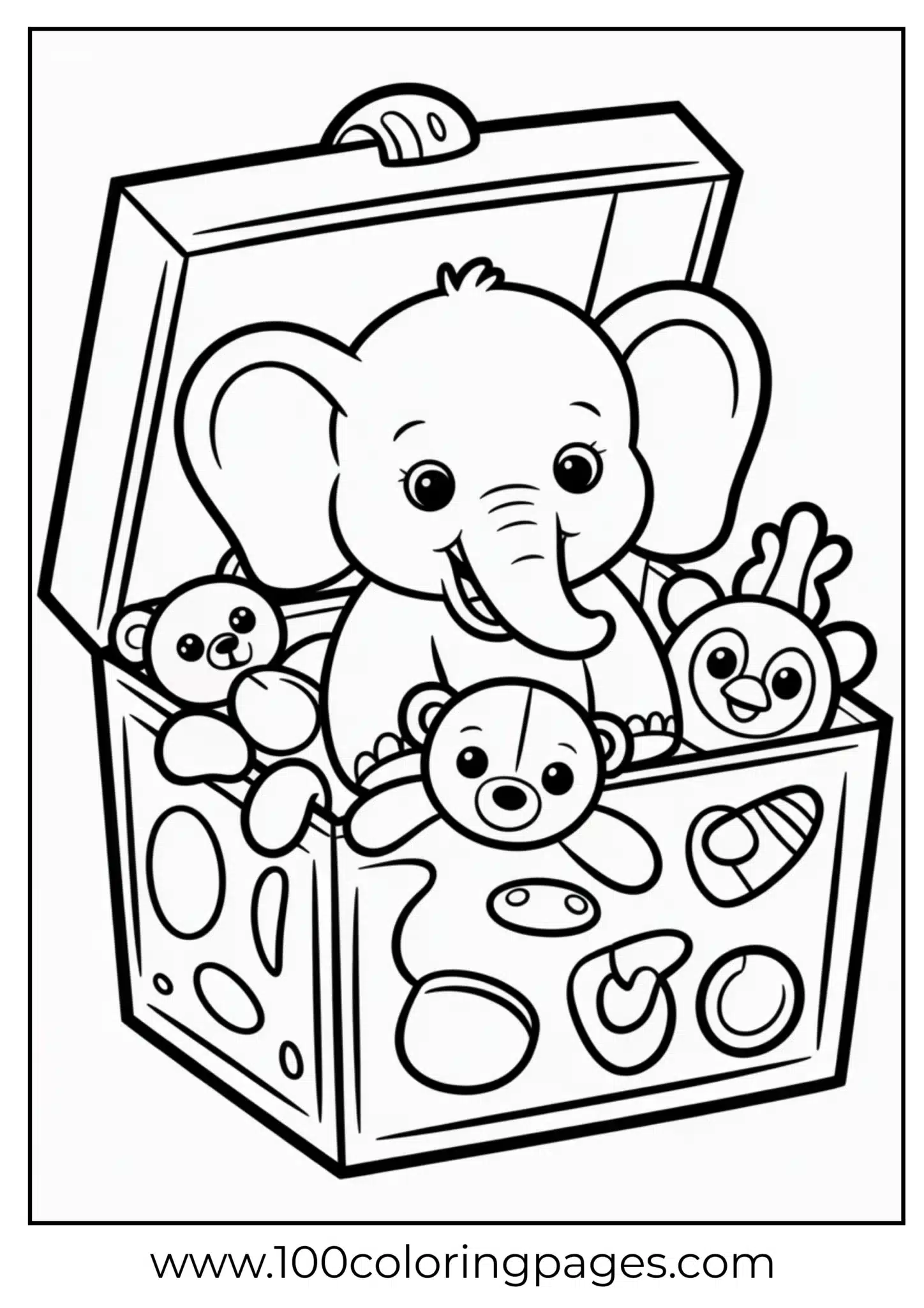 baby elephant among plush animals in box