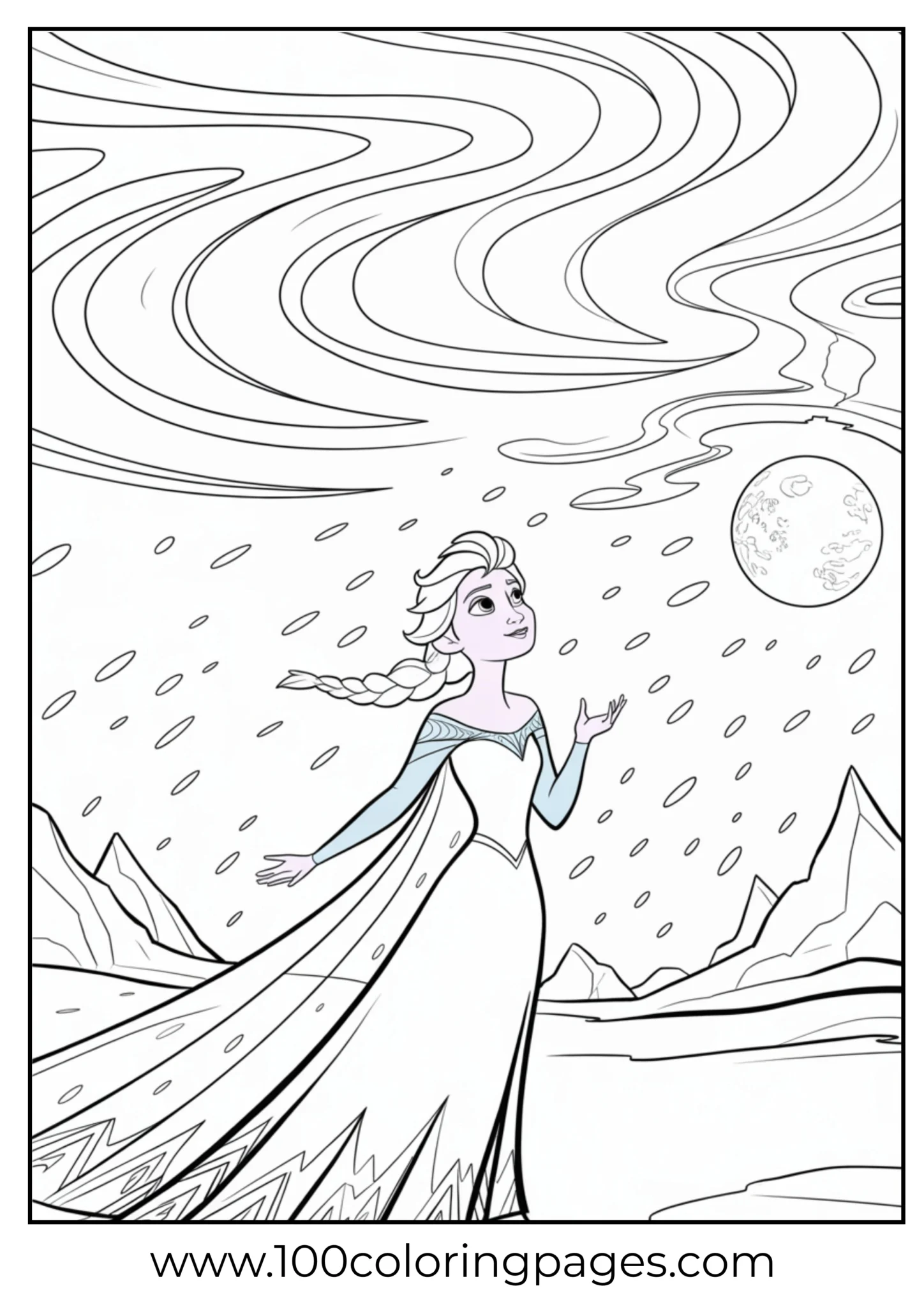 Elsa looking up at northern lights above, outline
