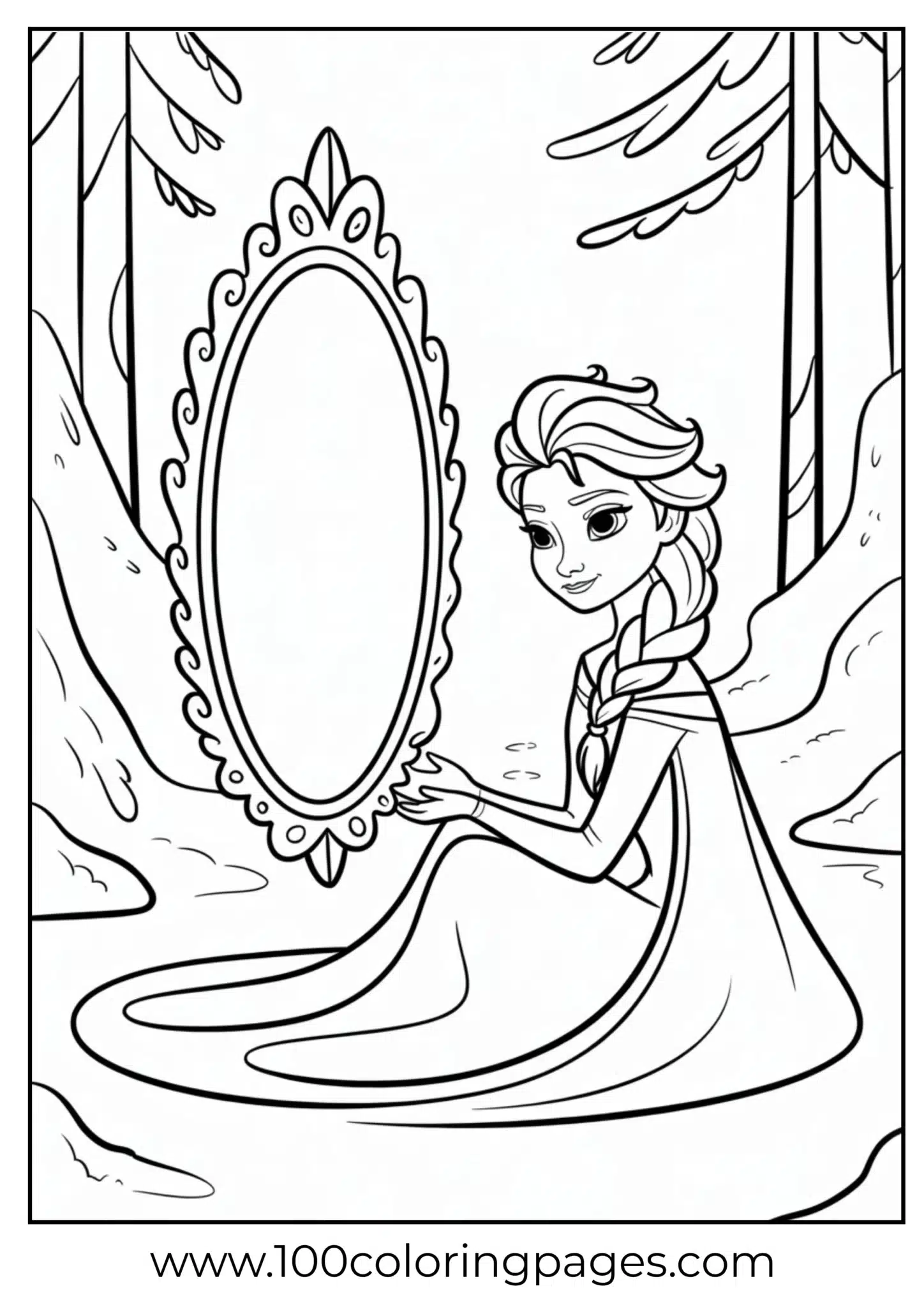 Elsa seated by ice mirror reflection, outline art