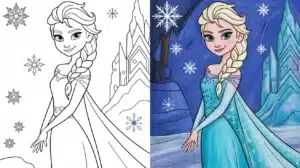 Split image of Elsa coloring pages — black-and-white outline on the left and vivid crayon-colored version on the right with snowflakes and ice castle