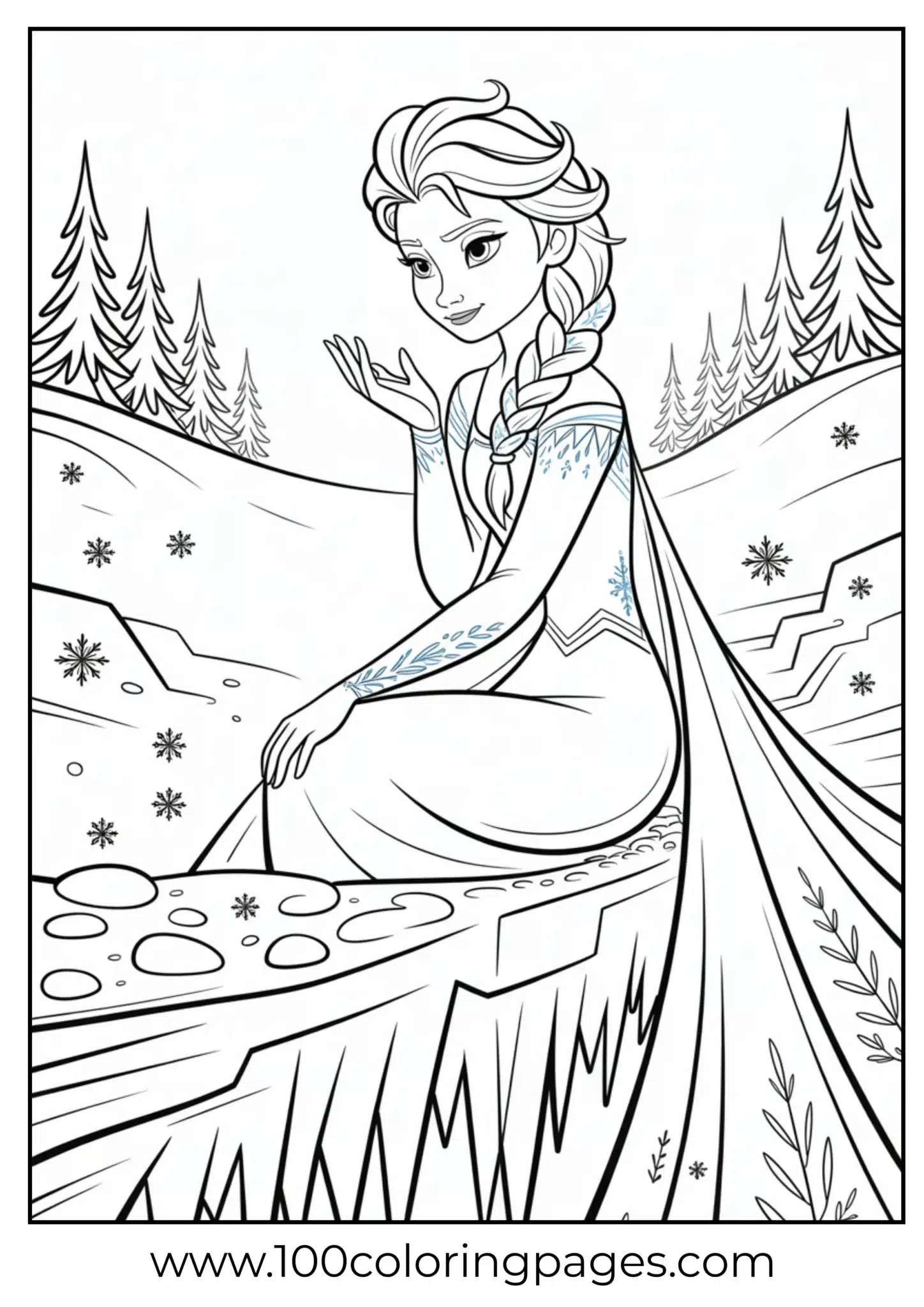 Elsa side profile on snowy ledge, calm outline