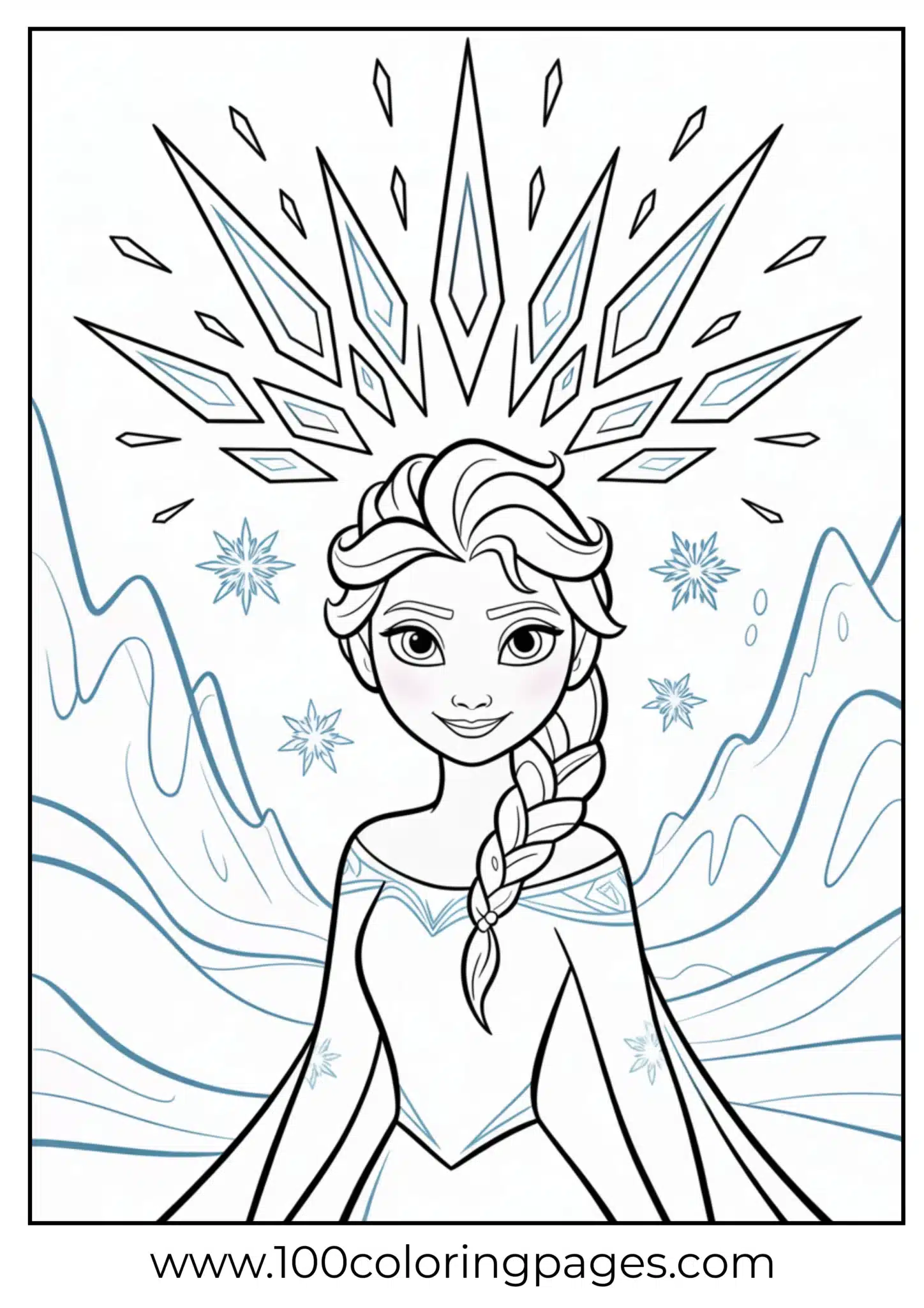 Elsa with ice crown glowing above, outline art