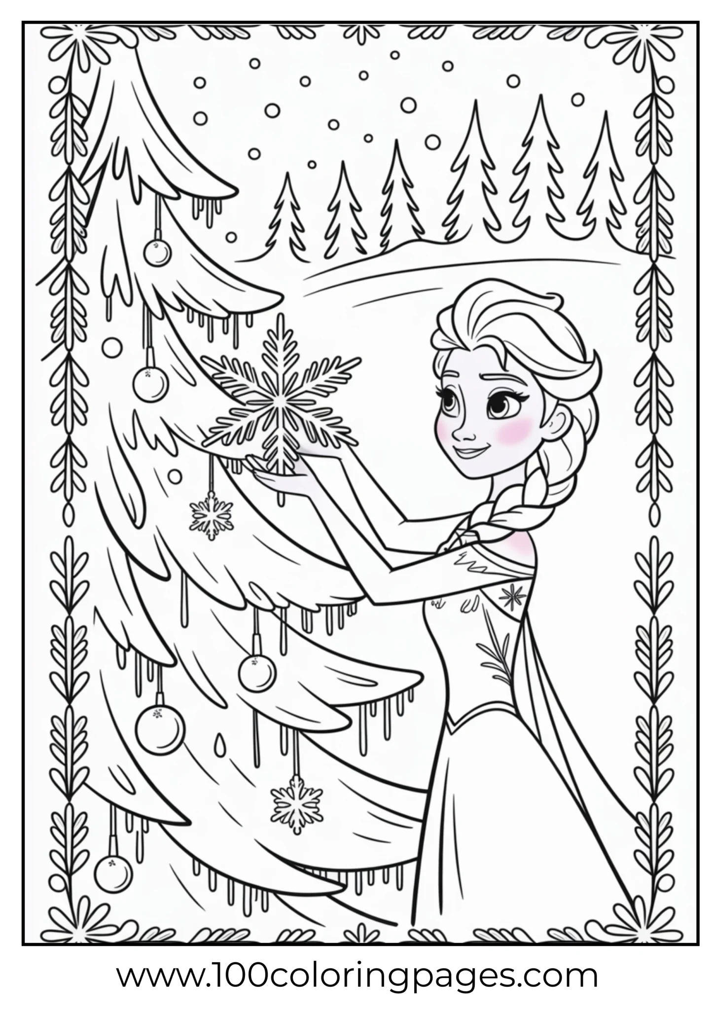 Elsa hanging snow ornaments on tree outline