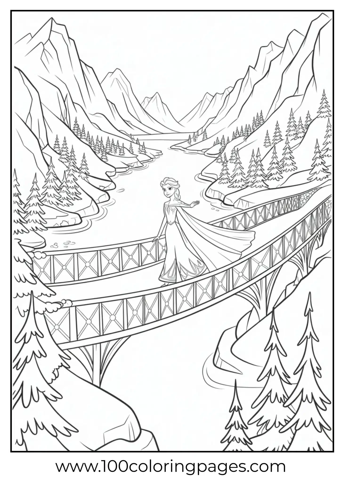 Elsa walking on frozen ice bridge over valley, outline