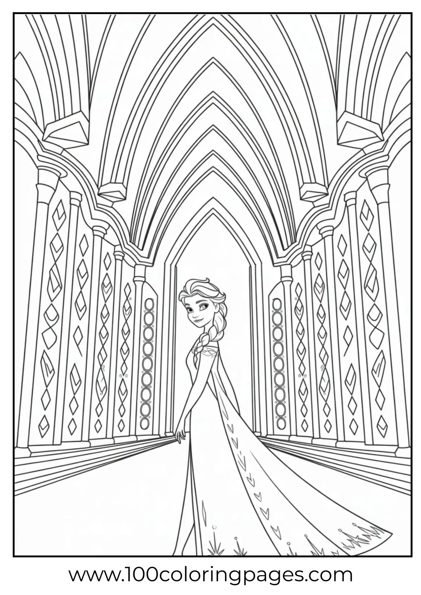 Elsa inside grand ice arch cathedral interior, outline