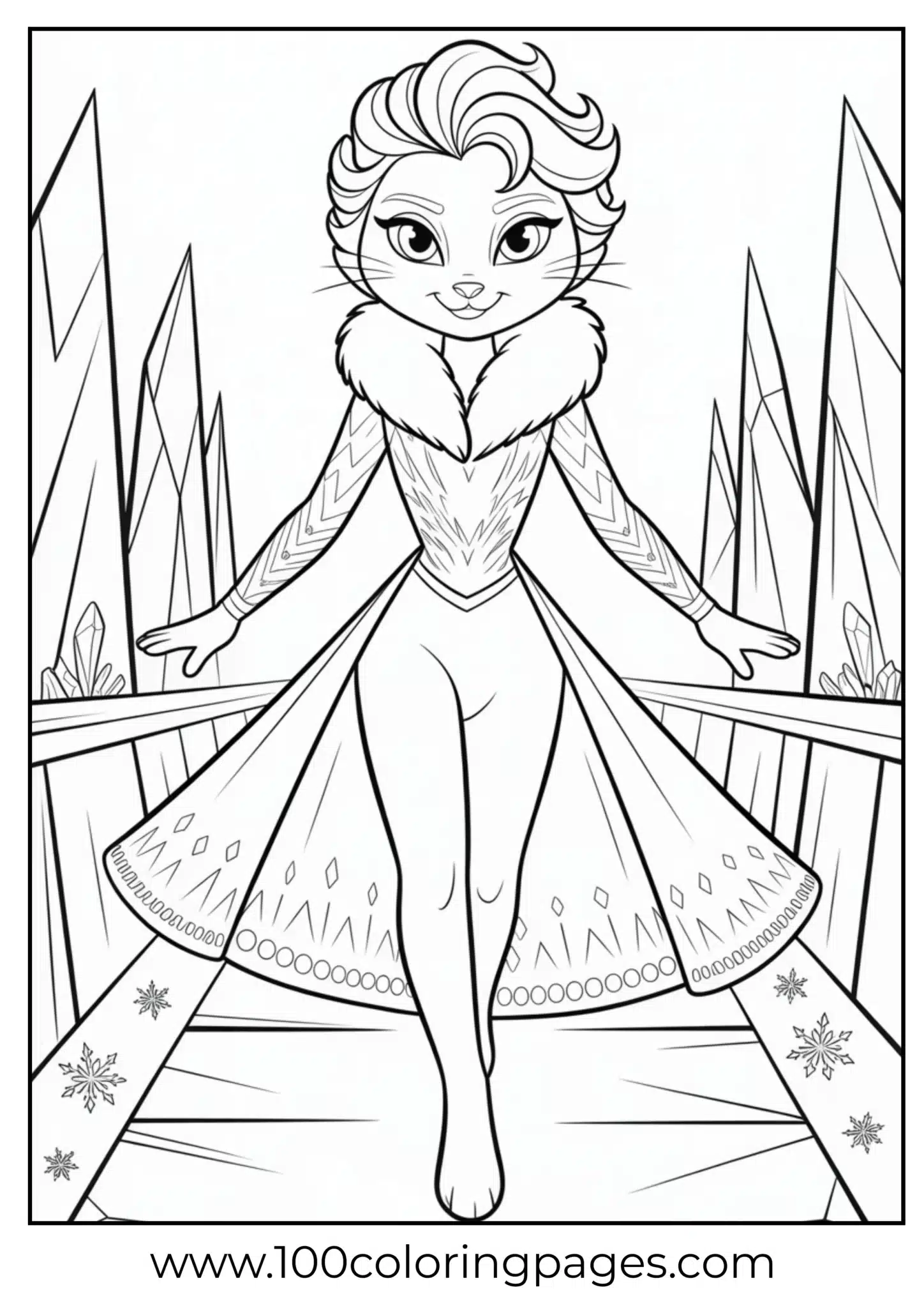Elsa striding on ice runway stage, outline art
