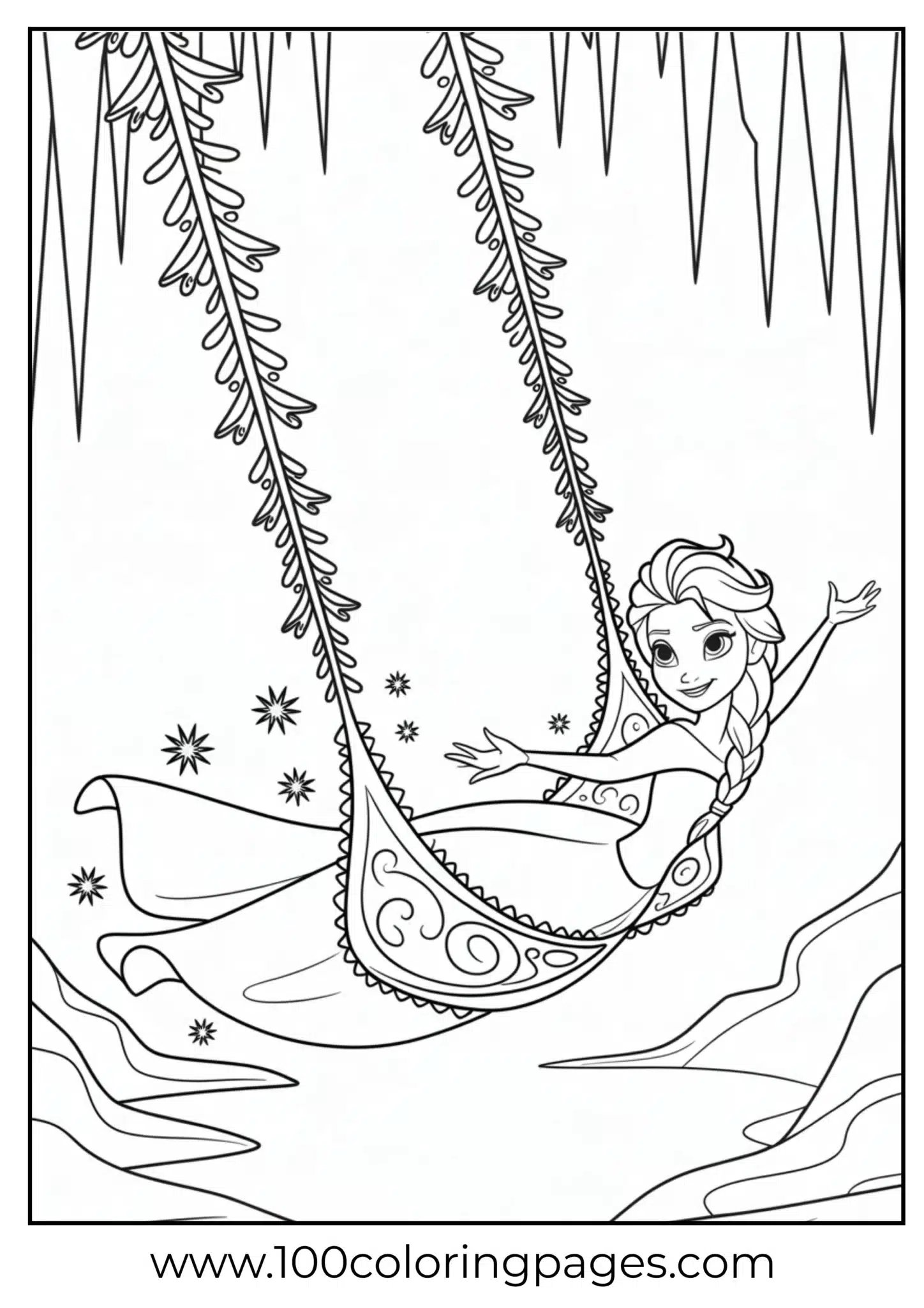 Elsa on swing made of ice crystals, outline