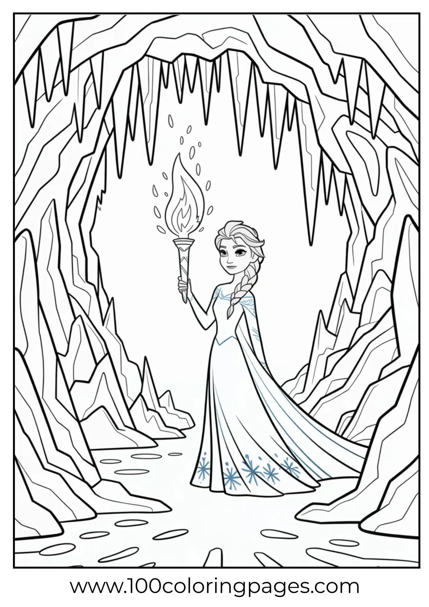 Elsa holding icy torch light in cave, outline