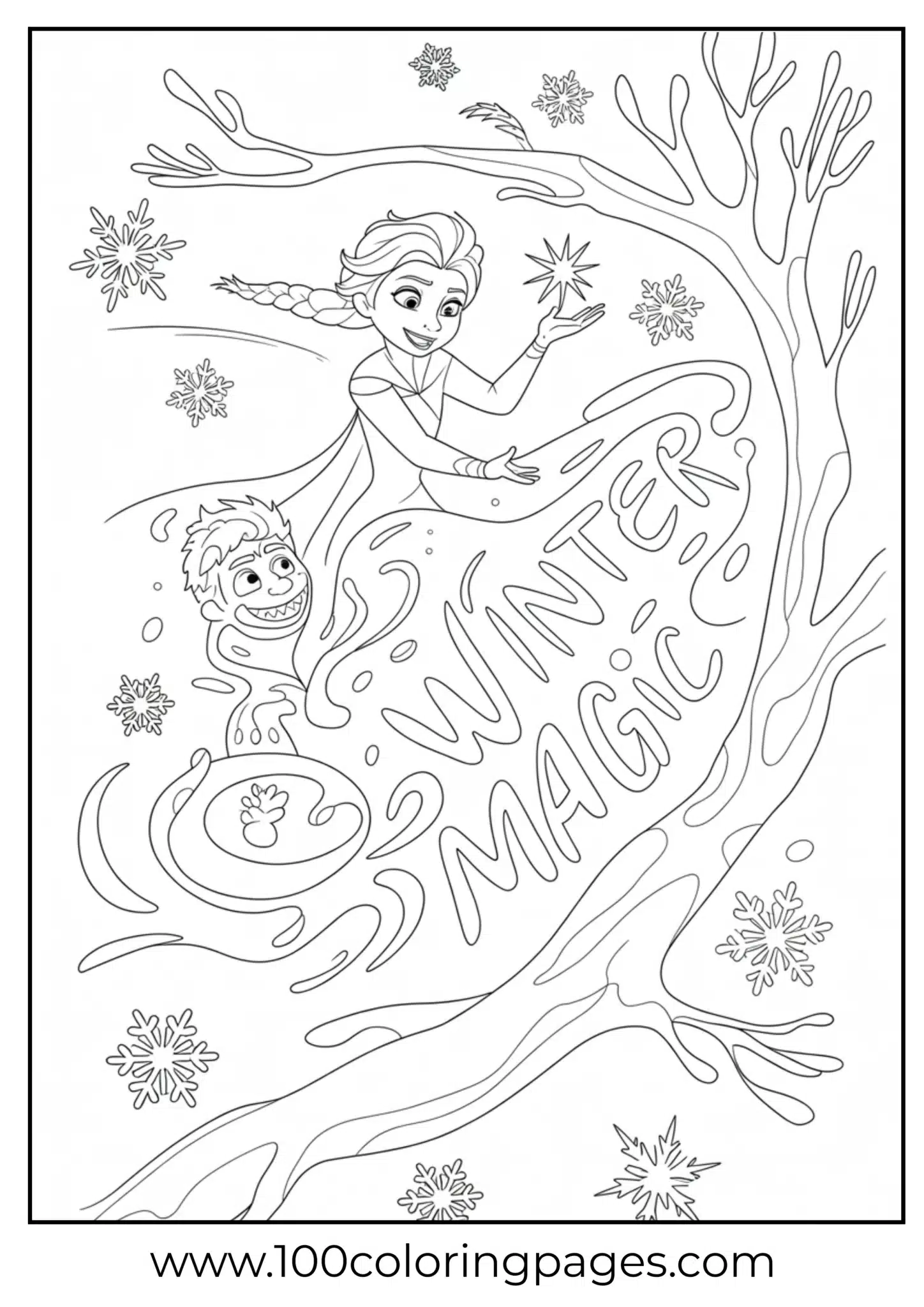 Elsa alongside Jack Frost in snowy action pose