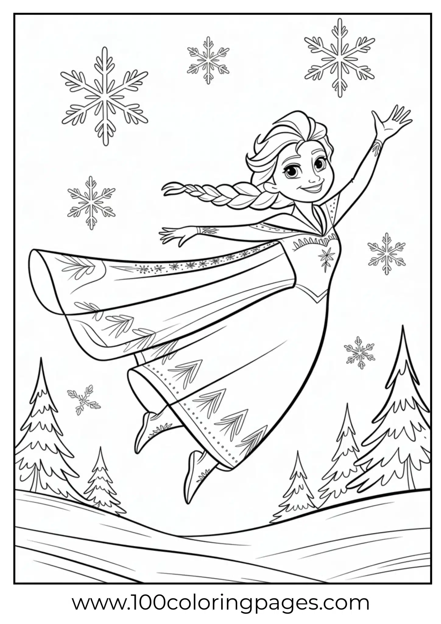 Elsa mid-air joyful jump with cape outline