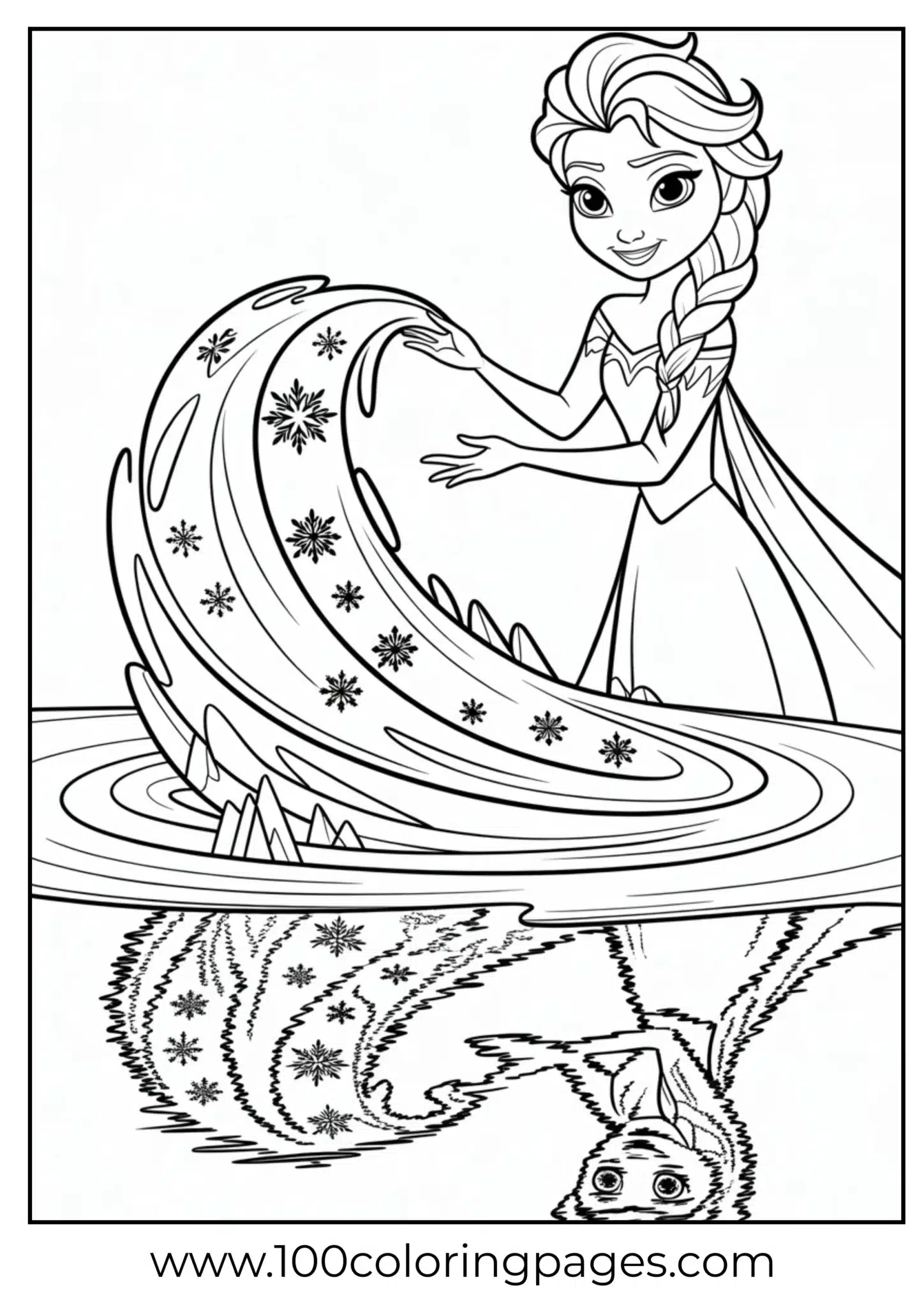 Elsa and reflection in frozen lake outline art
