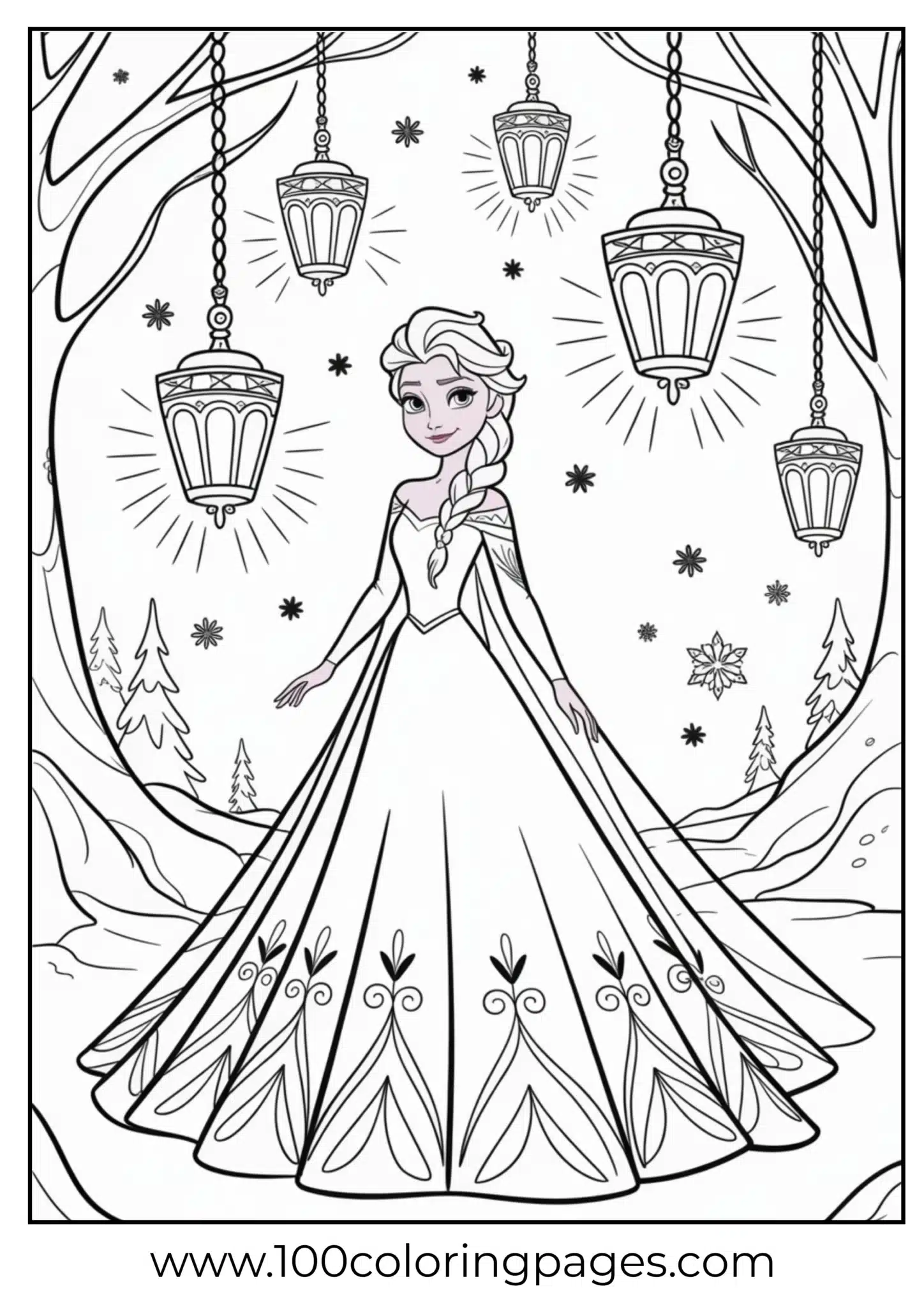 Elsa in elegant gown beneath lantern lights, outline