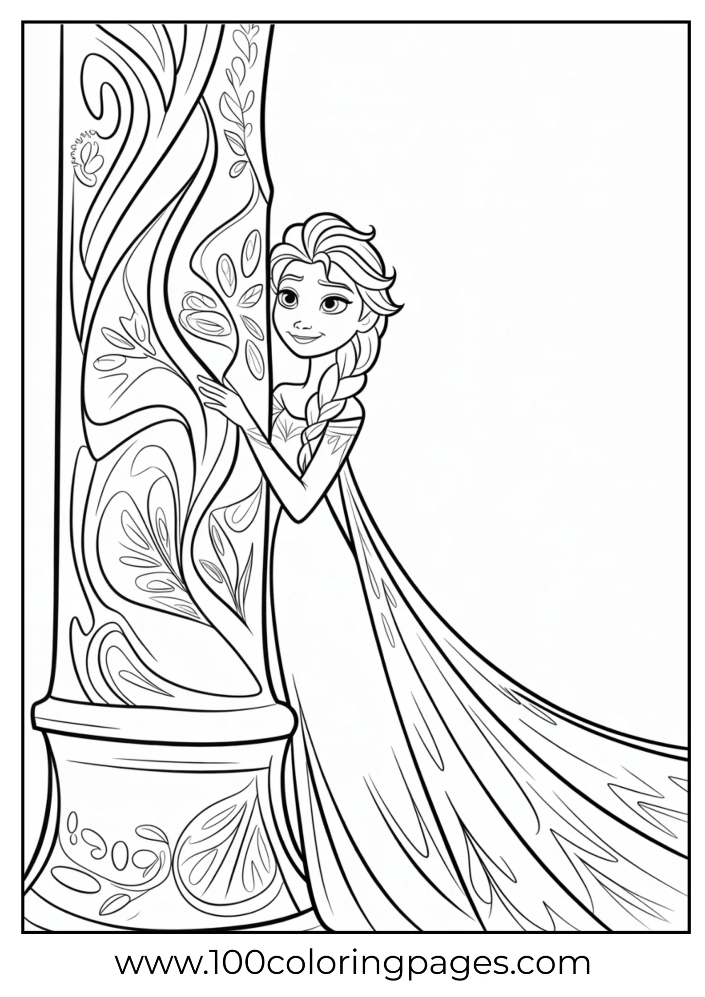 Elsa leaning on ornate ice column outline