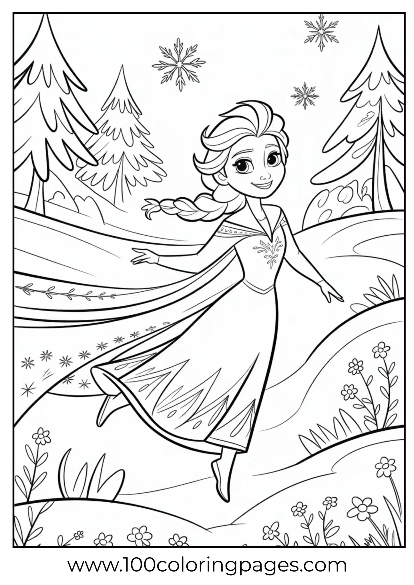 Elsa running across open snowy field, outline