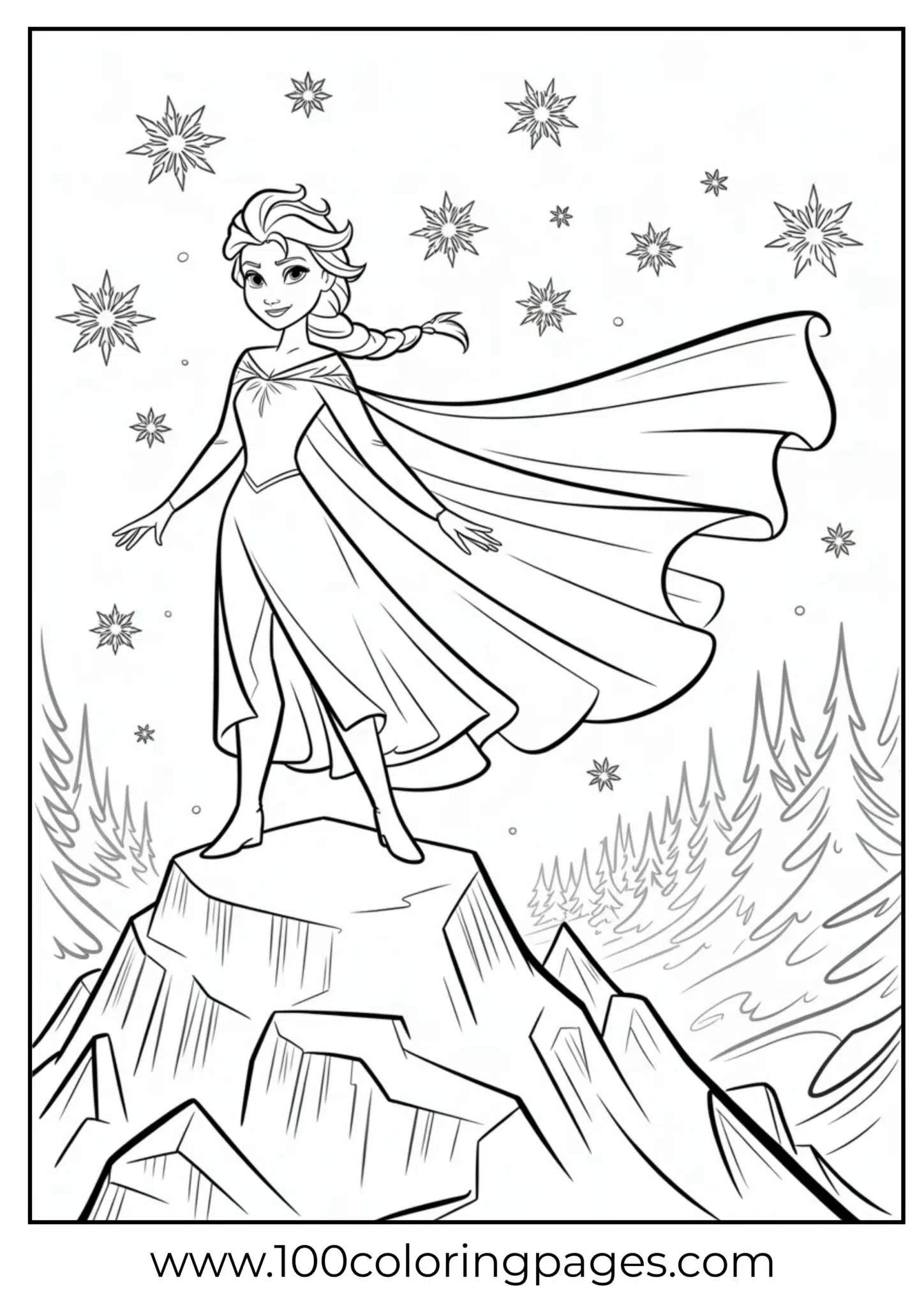 Elsa standing on mountain peak with flowing cape