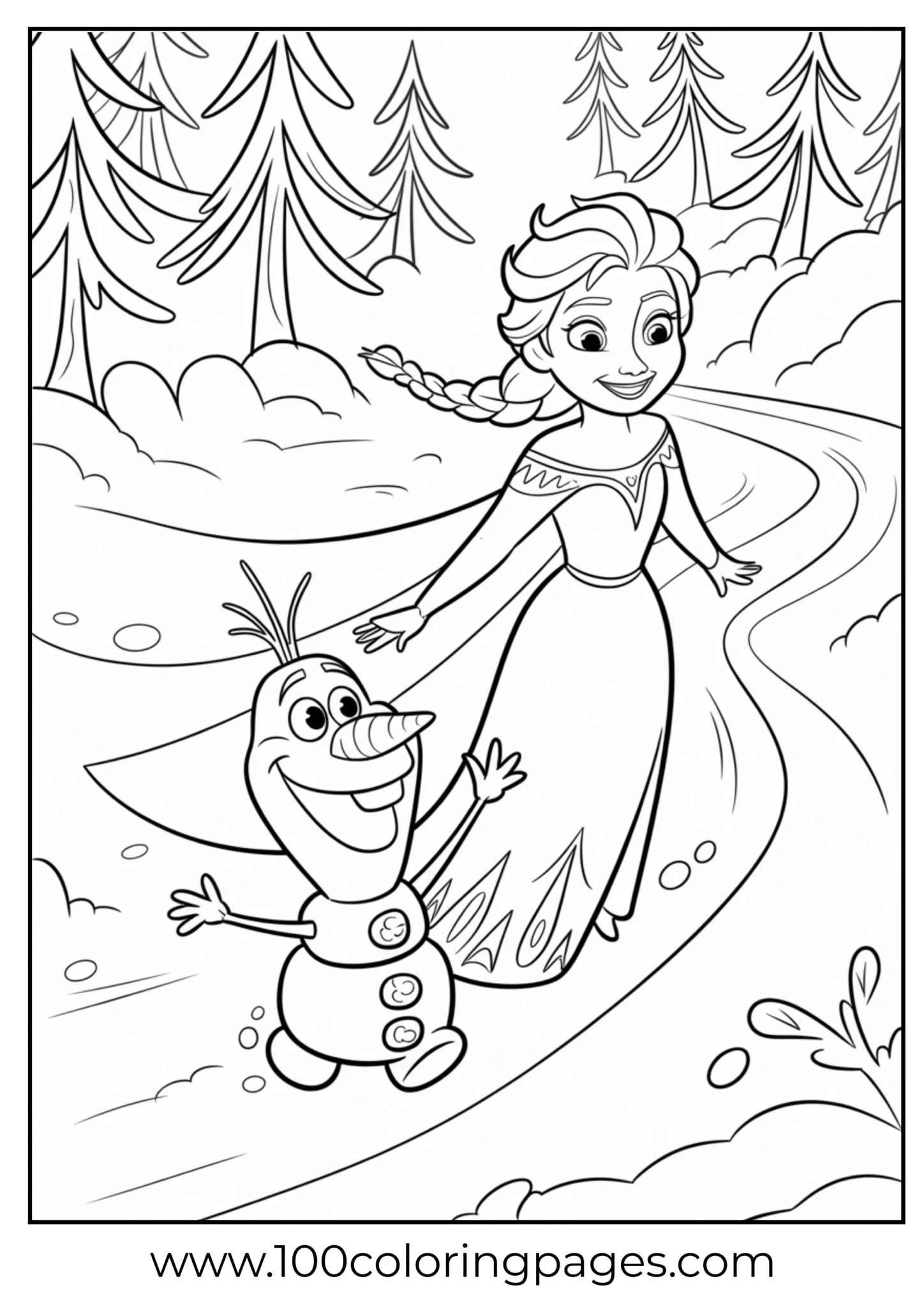 Elsa and Olaf walking in snow outline