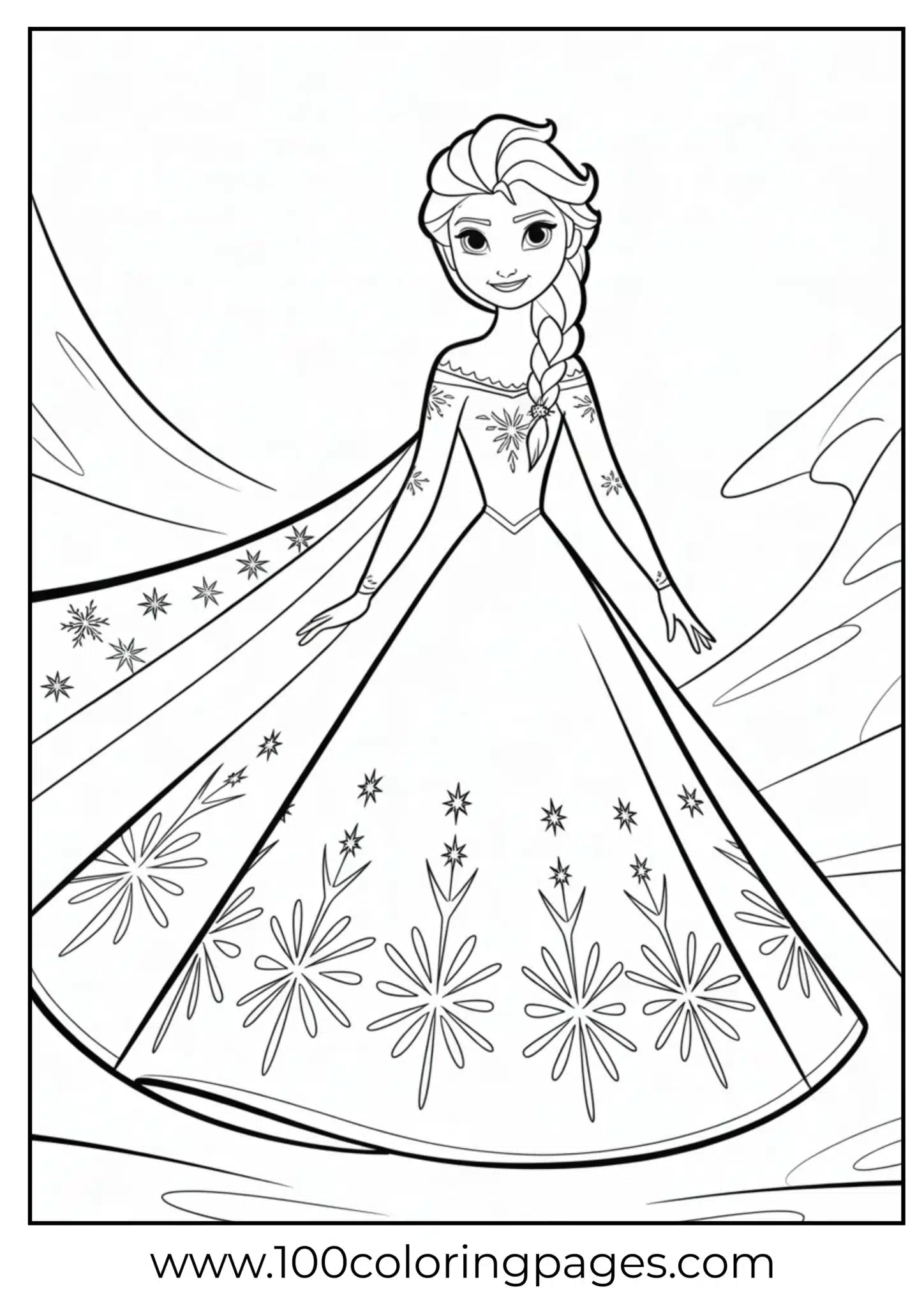 Elsa in gown patterned with snowflakes, outline art
