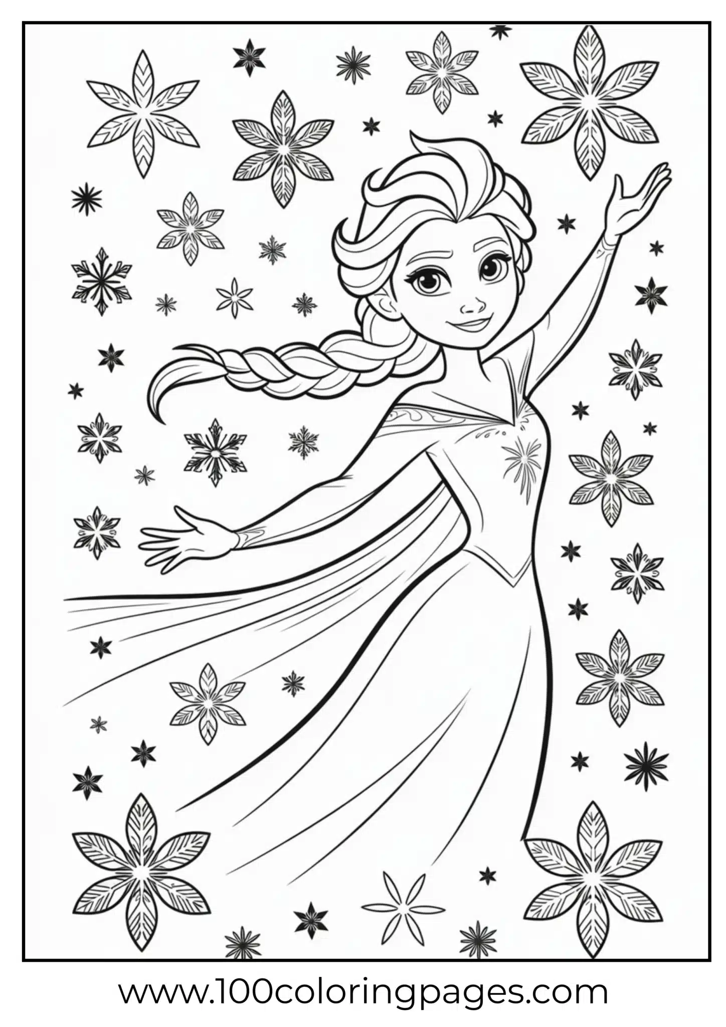 Elsa full-standing figure amid swirling snowflakes