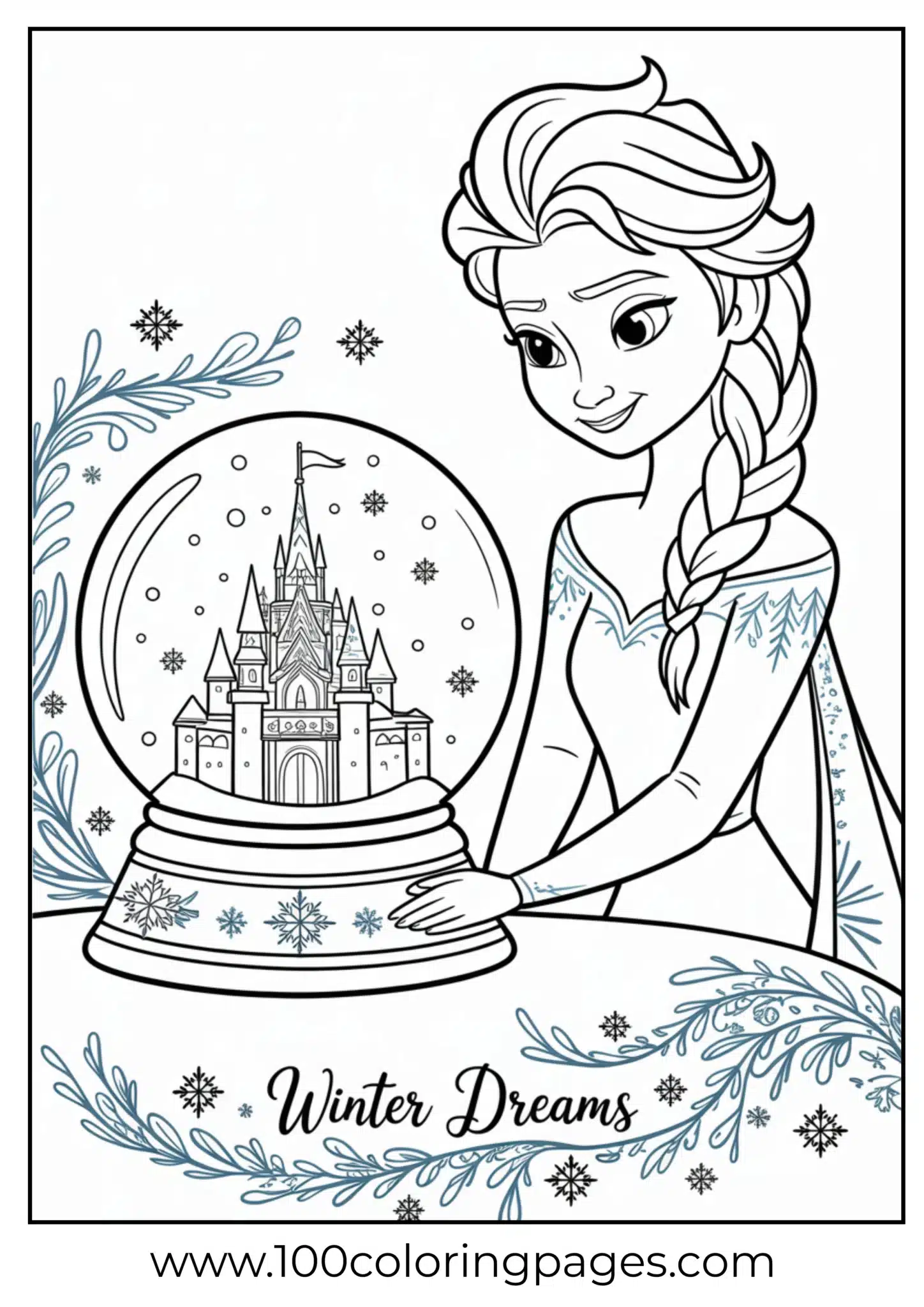 Elsa gazing into snow globe castle, outline art