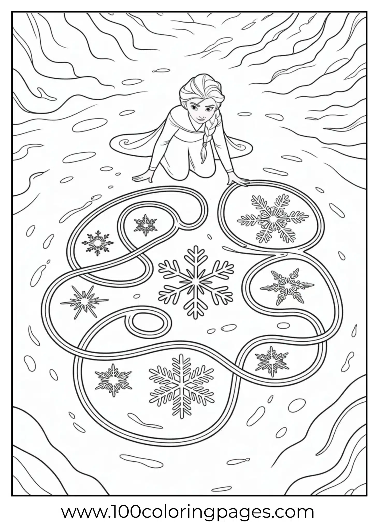 Elsa drawing intricate snowflake labyrinth outline