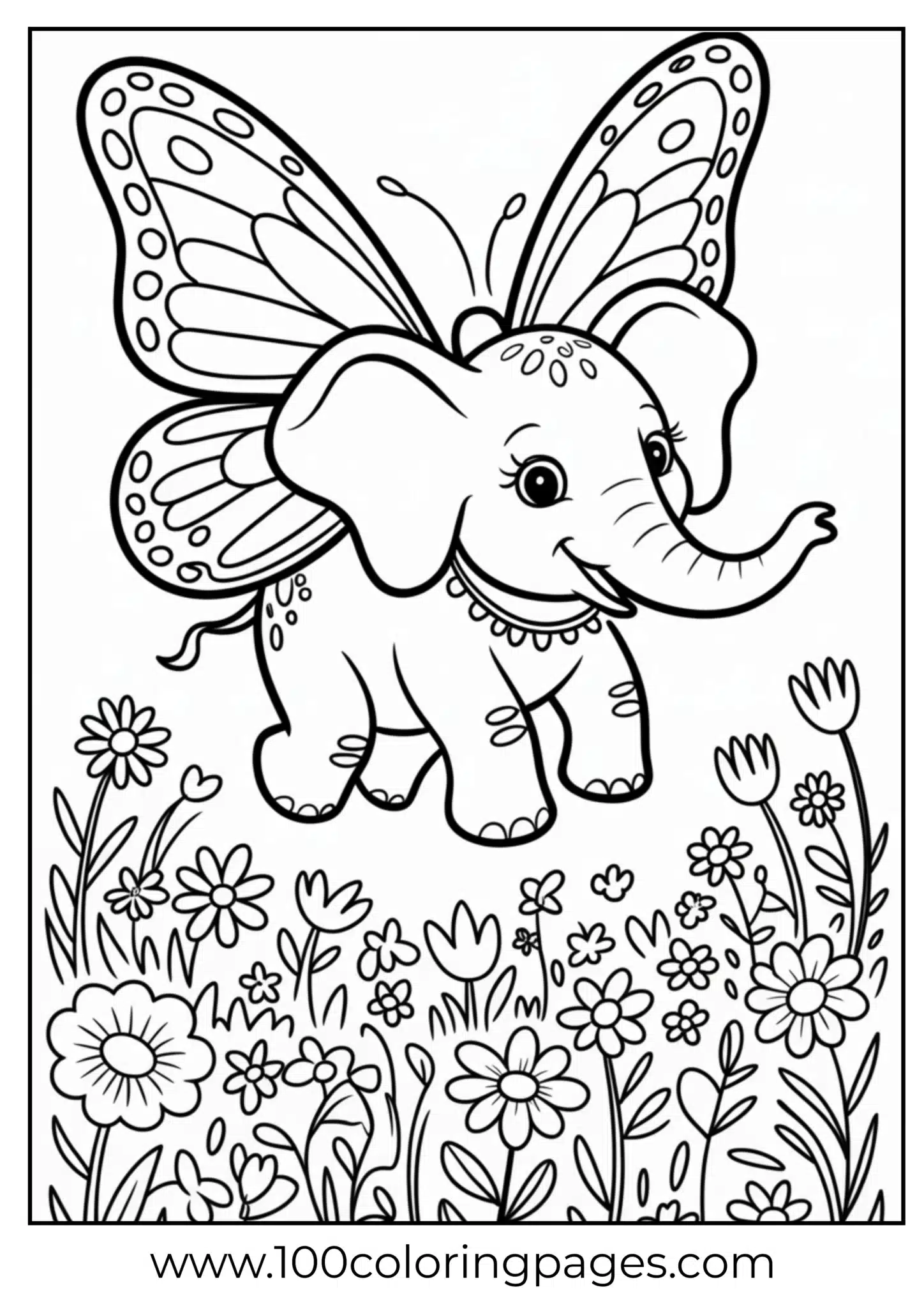 elephant with wings soaring above flowers