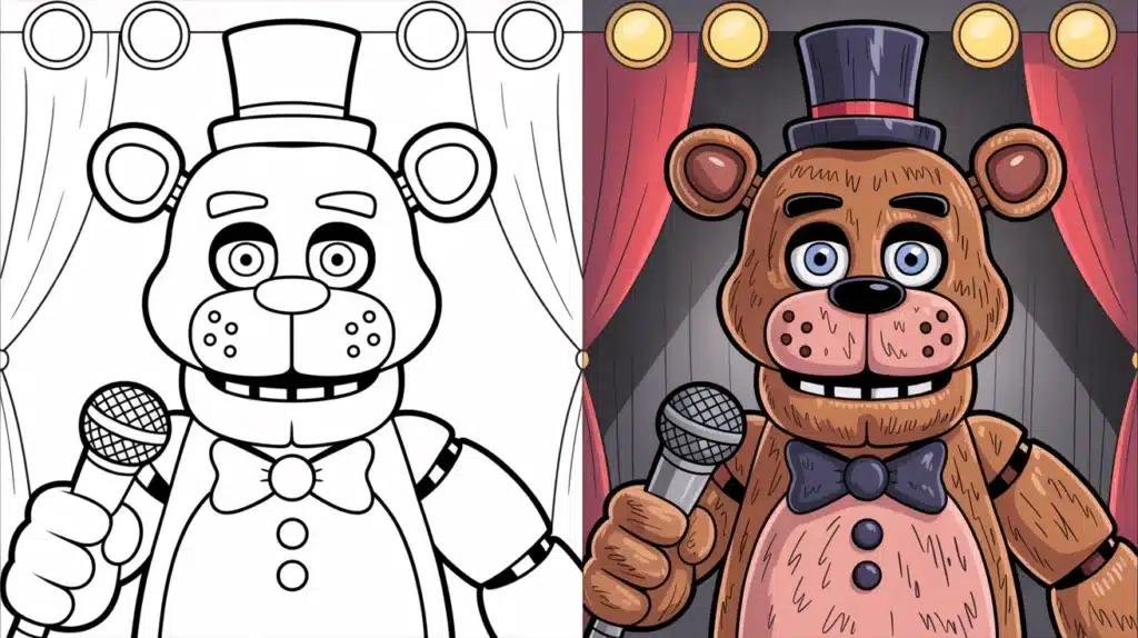 Freddy Fazbear holding a mic on stage – FNAF coloring pages