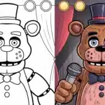 Freddy Fazbear holding a mic on stage – FNAF coloring pages