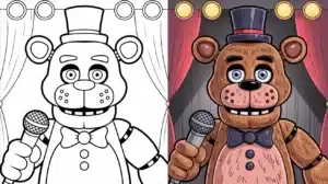 Freddy Fazbear holding a mic on stage – FNAF coloring pages
