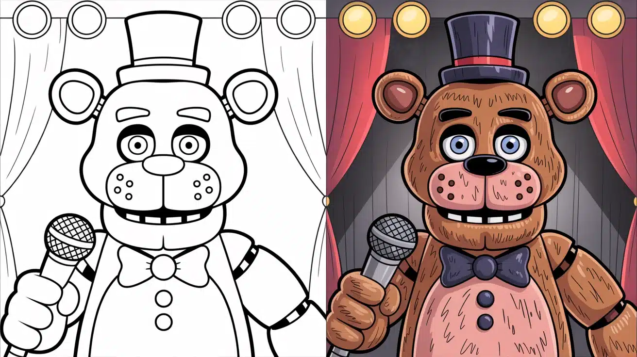 Freddy Fazbear holding a mic on stage – FNAF coloring pages