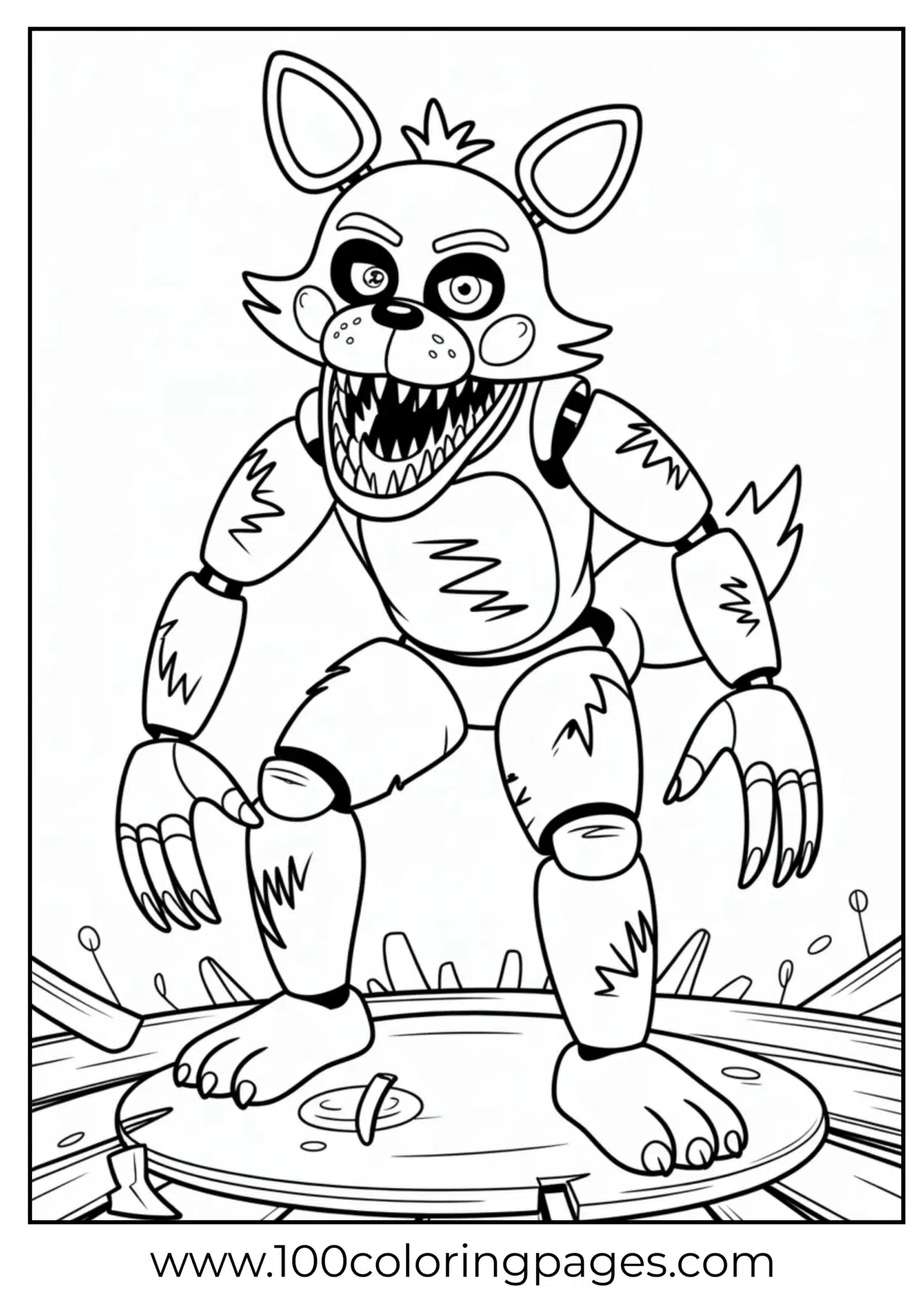 Nightmare Foxy snarling coloring page