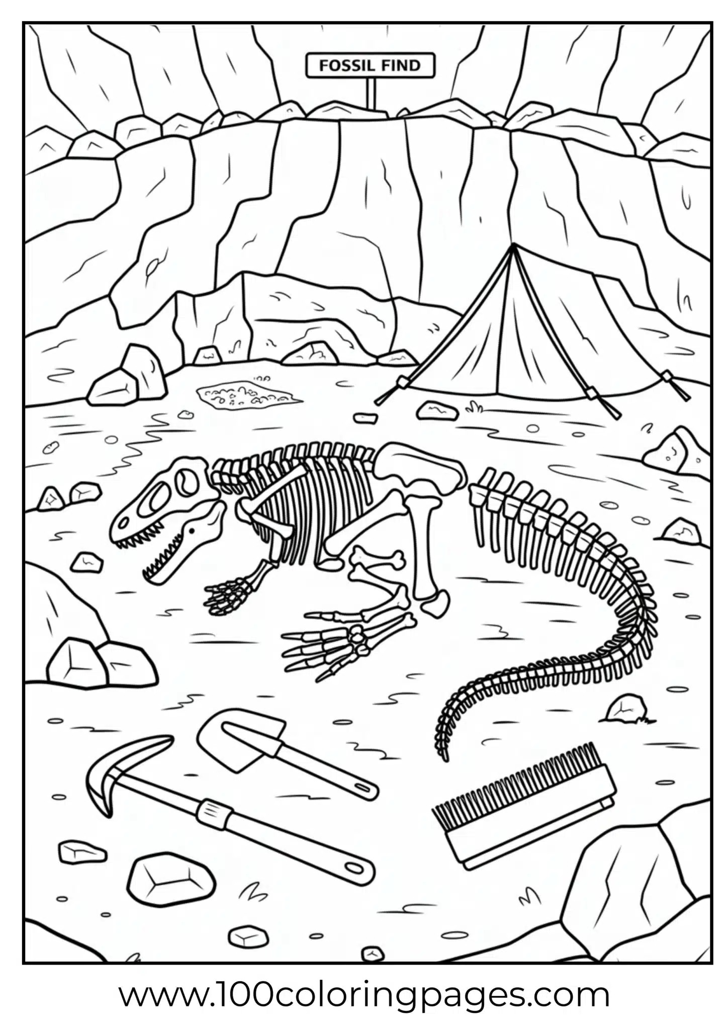 Dino bones sticking out from rock dig, outline