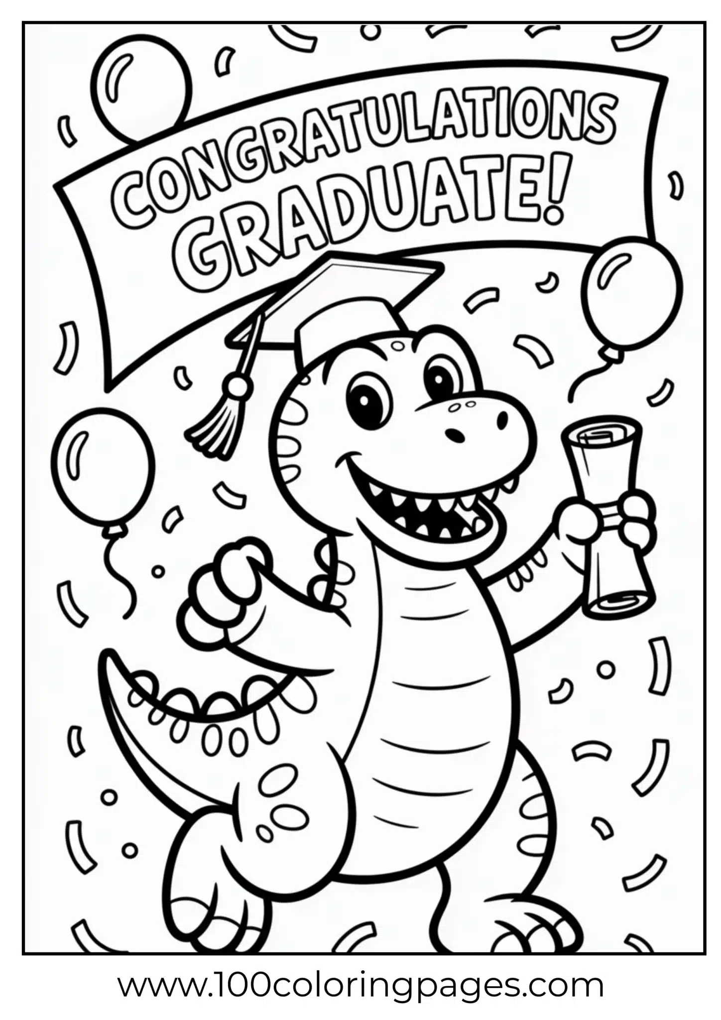 Dino proudly holding scroll with cap, outline