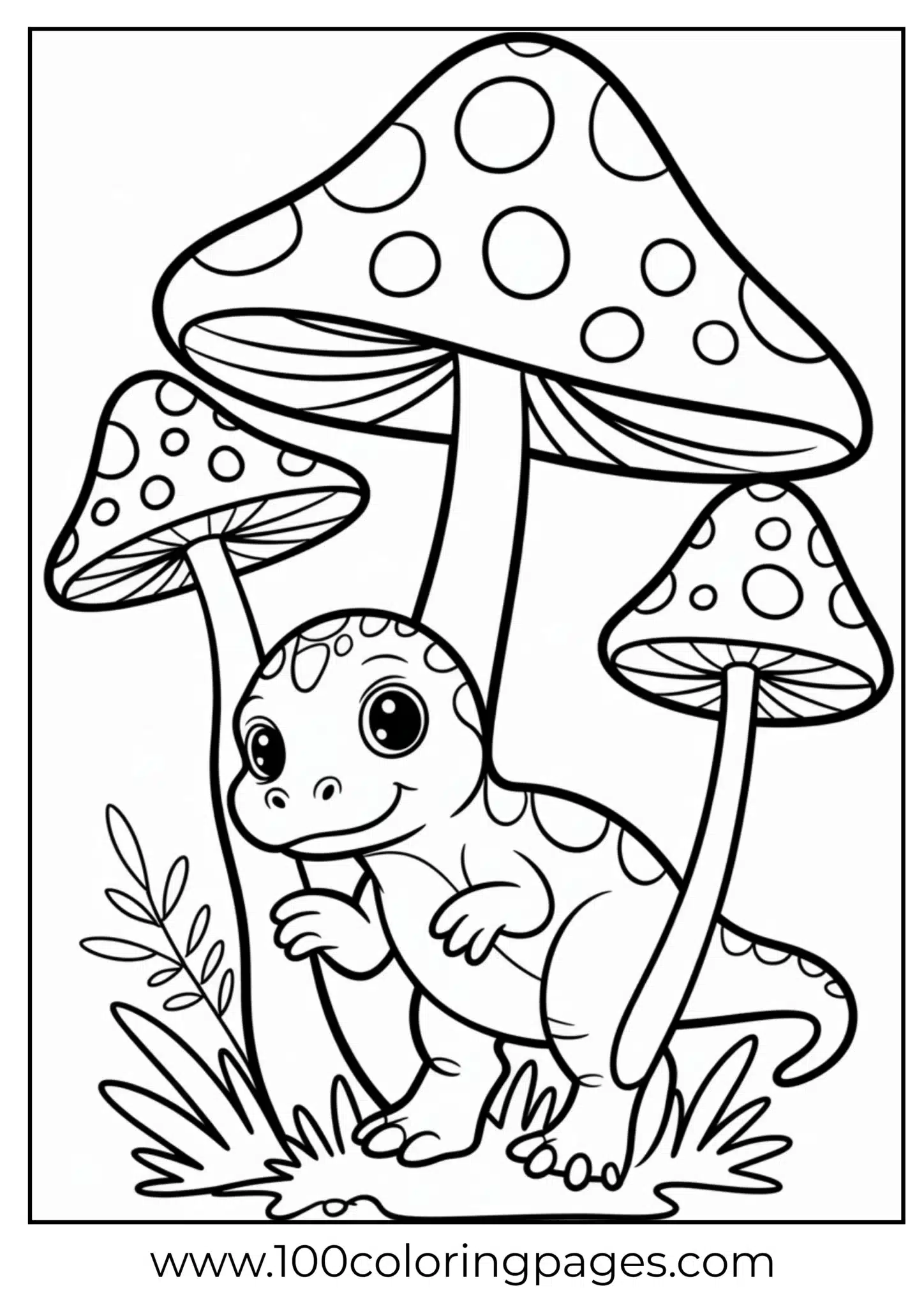 Baby dino peeking behind mushrooms, outline
