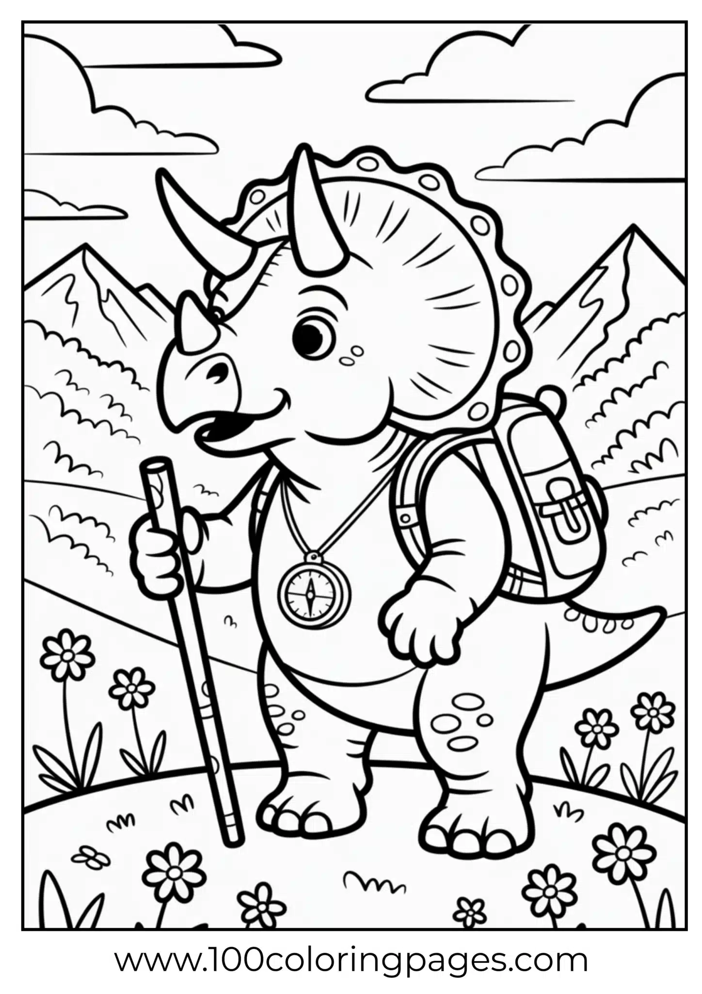 Triceratops in hiking gear with compass, outline
