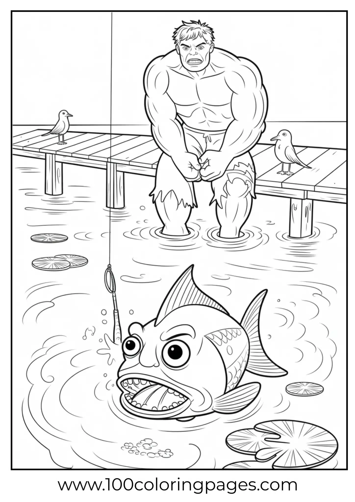 Hulk catching fish on dock coloring page
