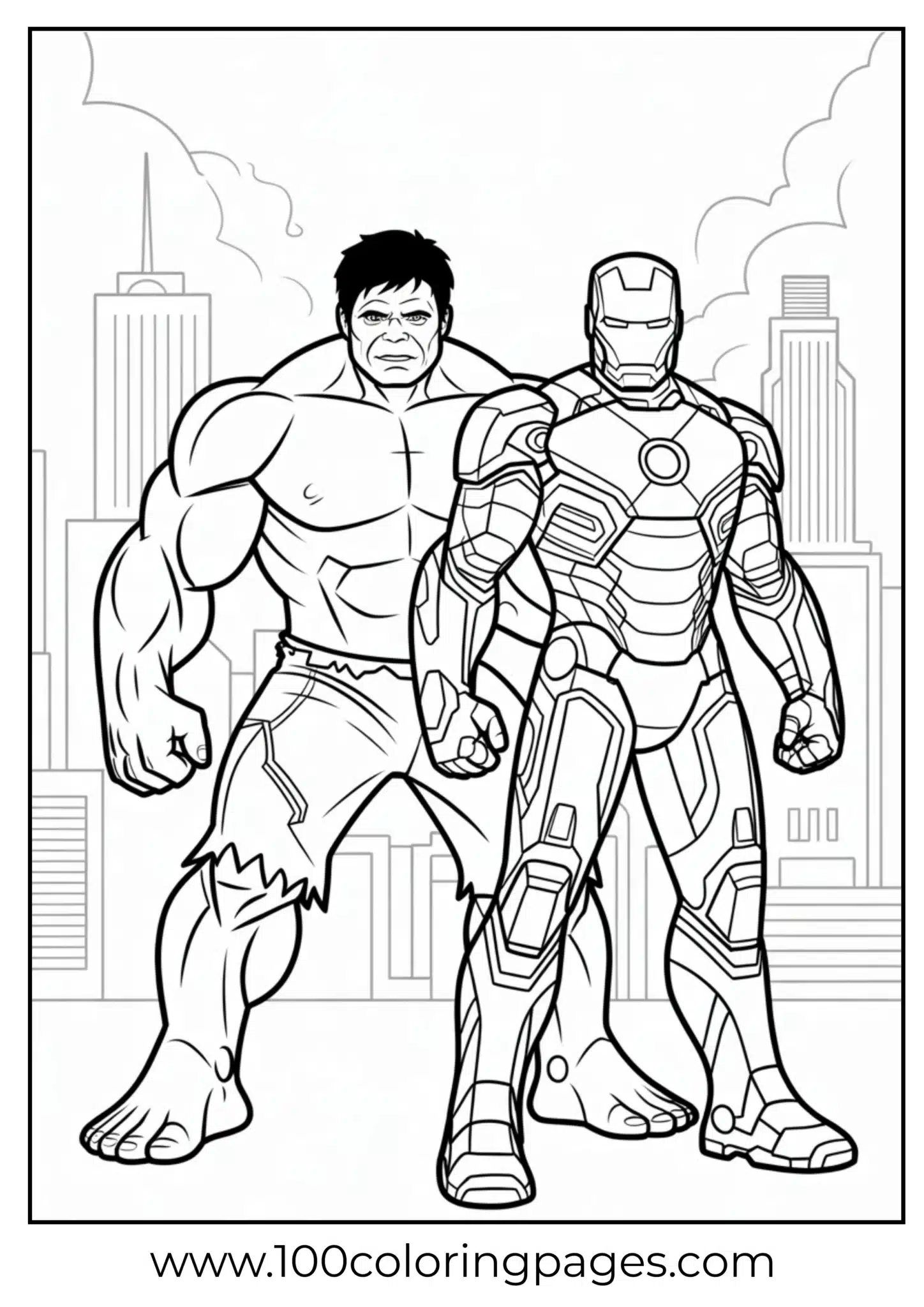 Hulk and Iron Man back‑to‑back coloring page