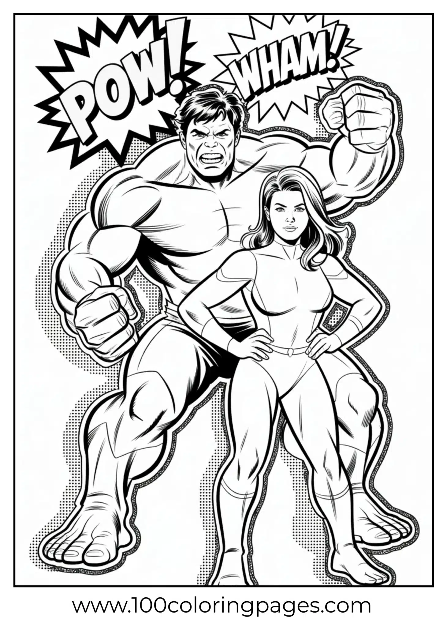 Hulk and She‑Hulk retro comic coloring page