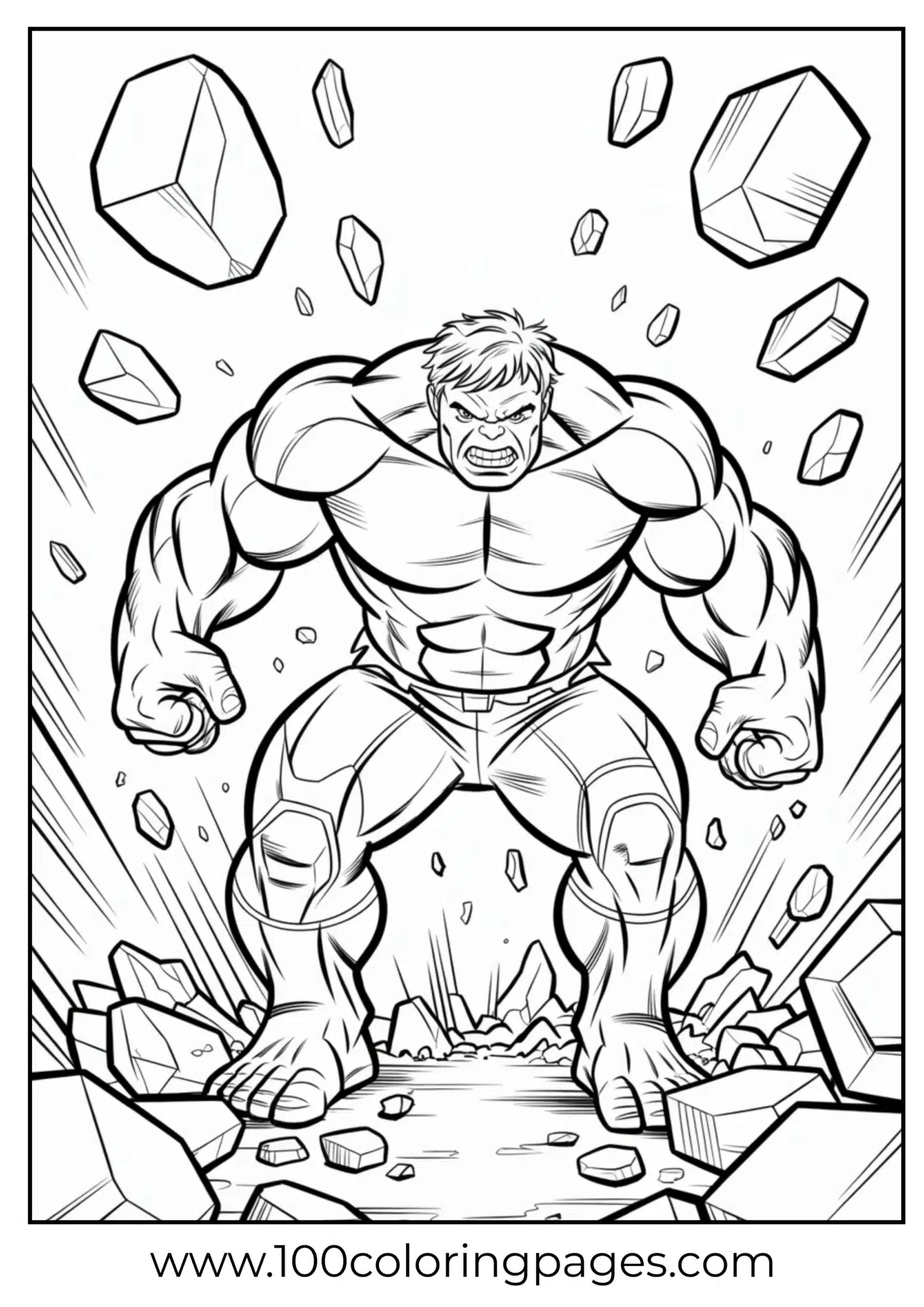 Hulk smashing rubble in coloring page style