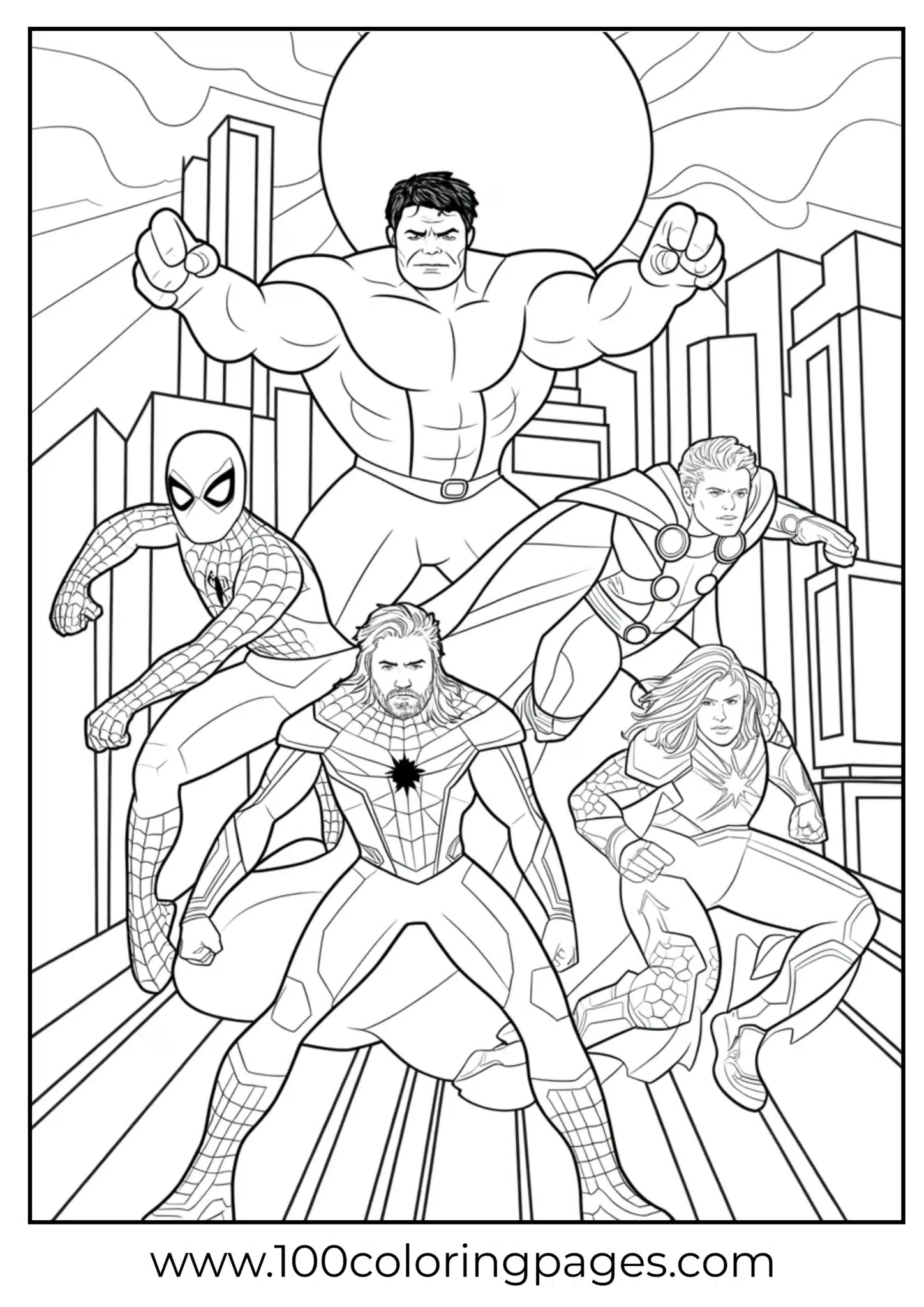 Hulk and Marvel heroes lineup coloring page