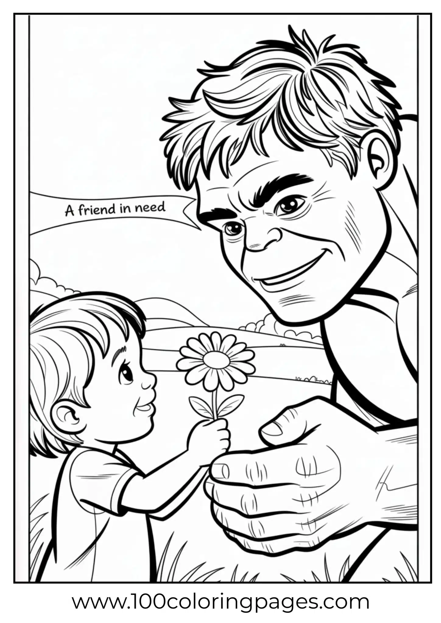 Hulk receiving flower from child coloring page