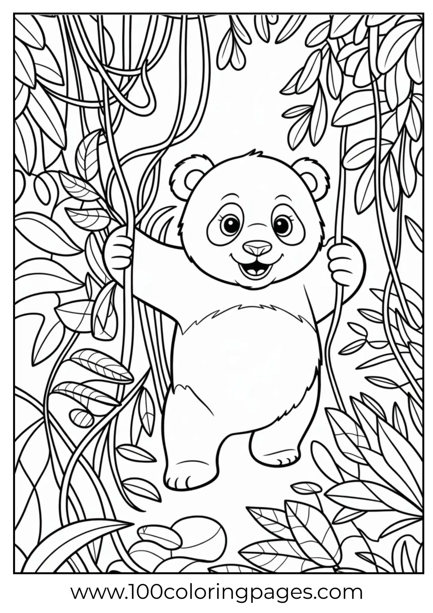 Panda in jungle leaves peeking out, outline