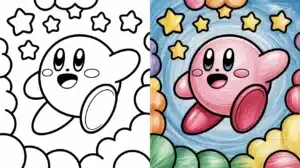 Split image of Kirby coloring pages showing black-and-white version on the left and crayon-colored version on the right, with Kirby floating among stars and clouds