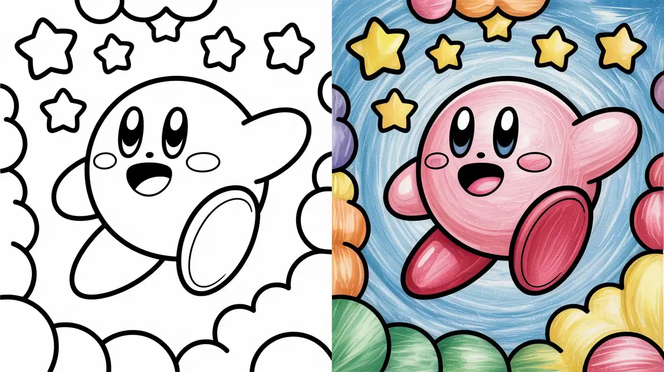 Split image of Kirby coloring pages showing black-and-white version on the left and crayon-colored version on the right, with Kirby floating among stars and clouds