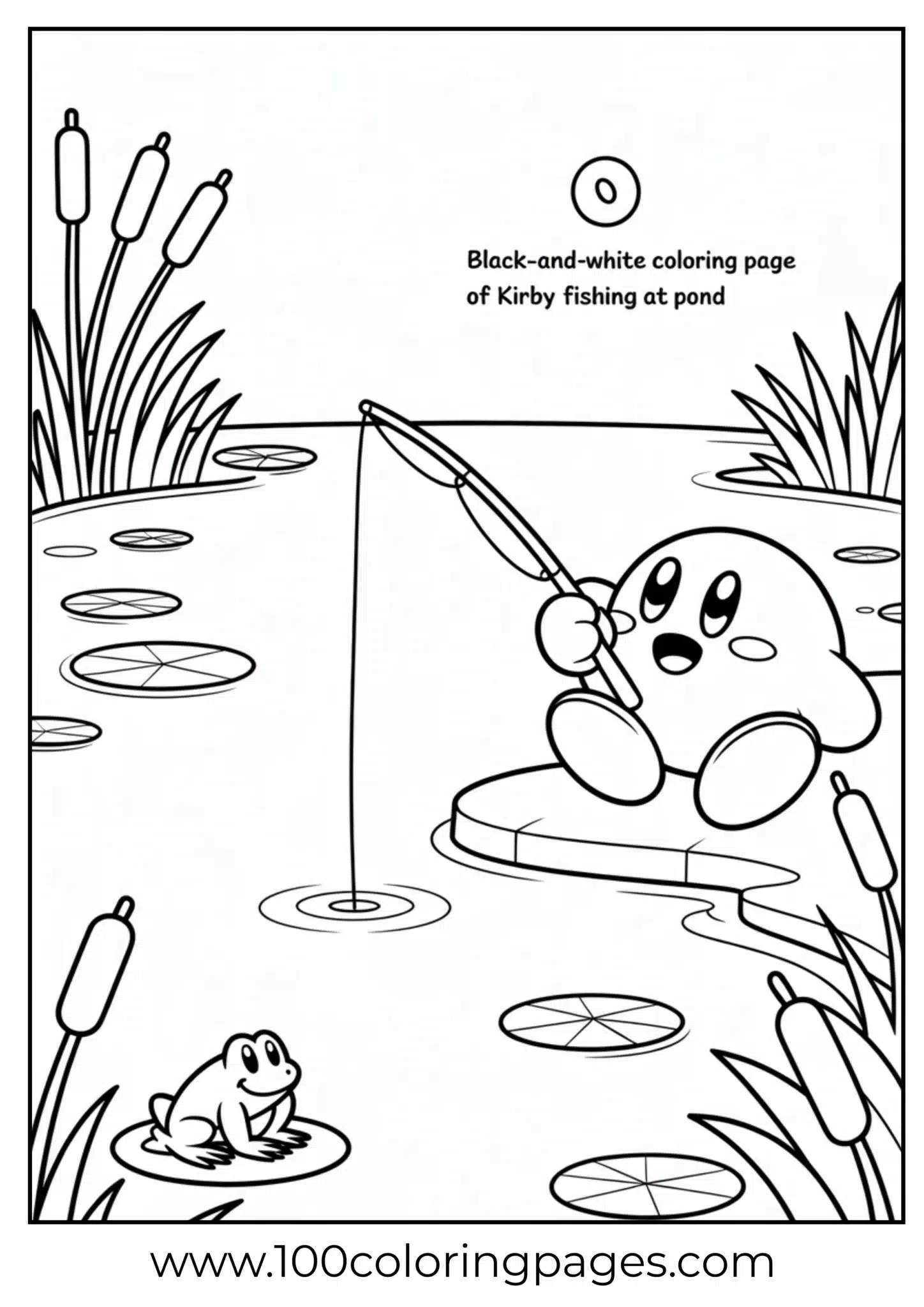 Kirby fishing at pond coloring page